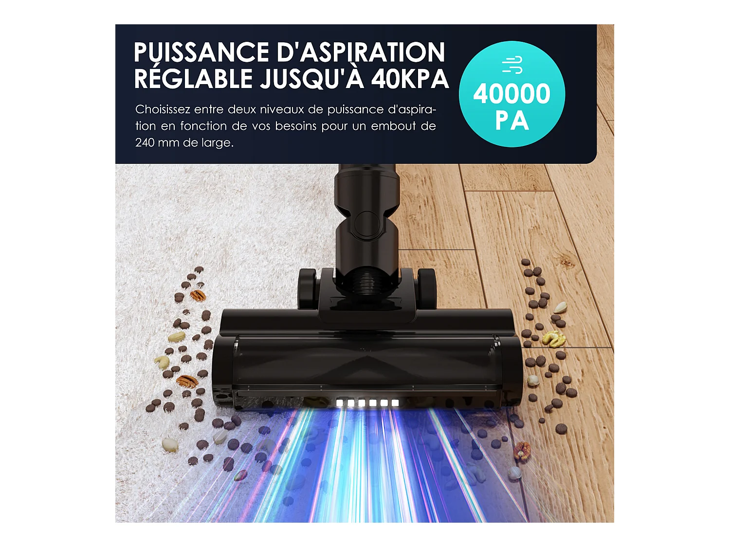 Hiazurm Aspirateur Balai - 480W Aspirateur Sans Fil - 40000Pa - Batterie 2200 mAh - 50 Minutes d'Autonomie - Bac à Poussière 1,5L