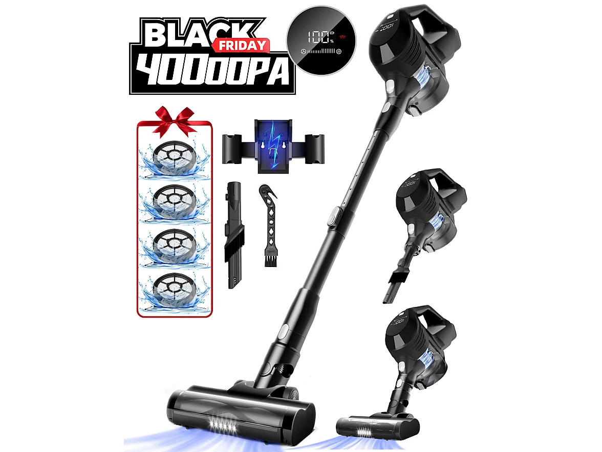 Hiazurm Aspirateur Balai - 480W Aspirateur Sans Fil - 40000Pa - Batterie 2200 mAh - 50 Minutes d'Autonomie - Bac à Poussière 1,5L