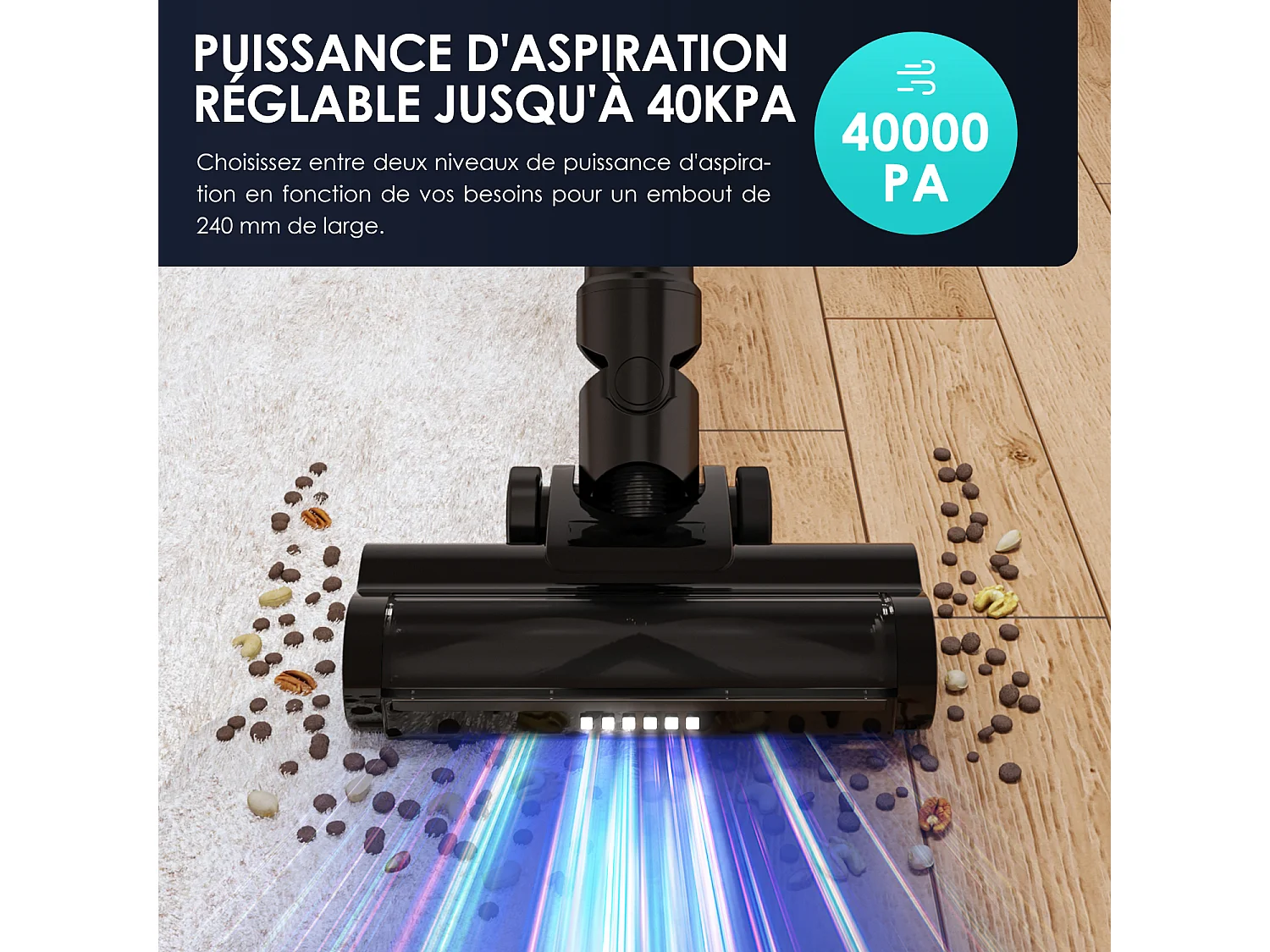 Hiazurm Aspirateur Balai - 480W Aspirateur Sans Fil - 40000Pa - Batterie 2200 mAh - 50 Minutes d'Autonomie - Bac à Poussière 1,5L
