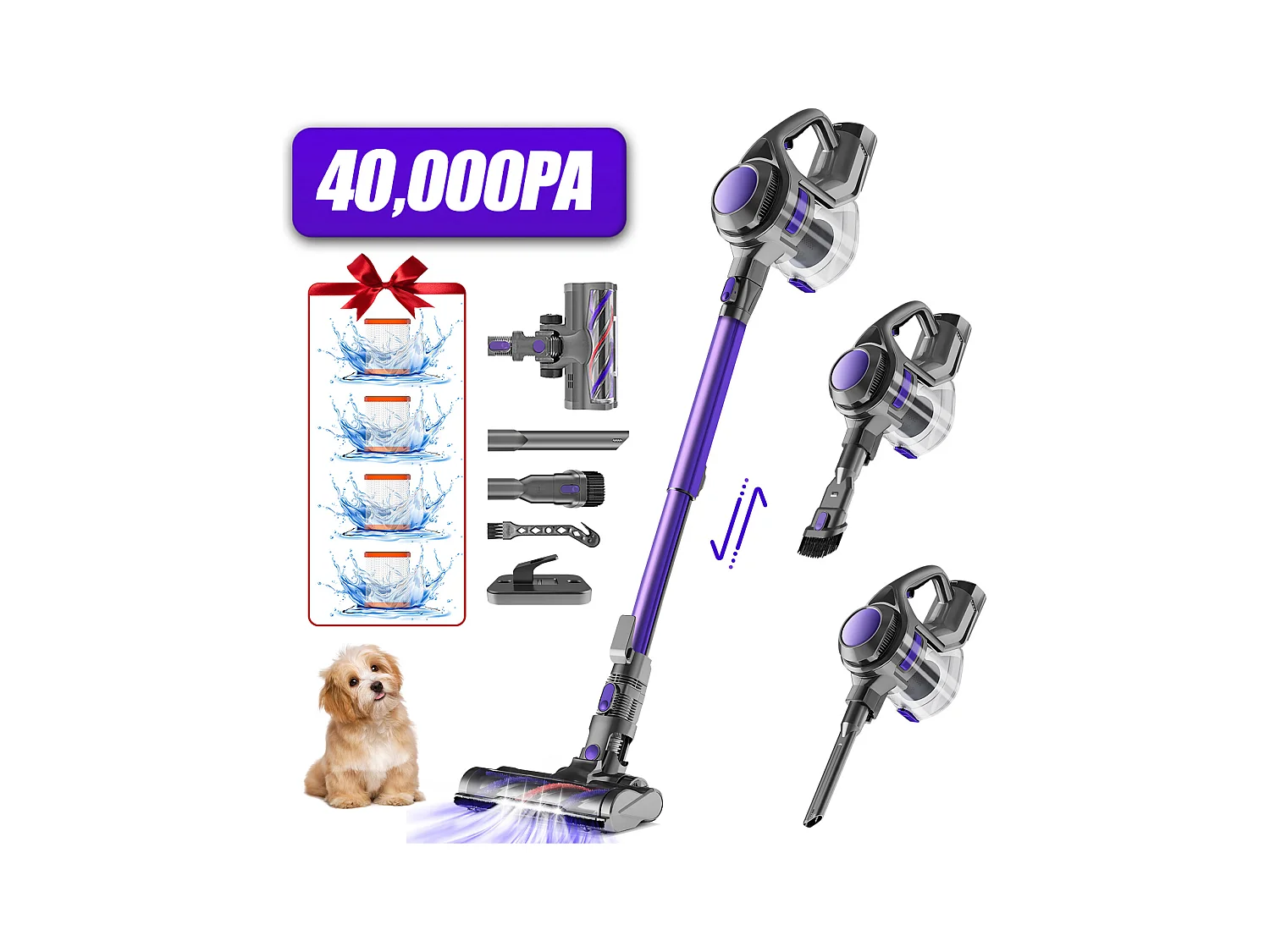 Hiazurm Aspirateur sans fil - 360W - Batterie 2200 mAh - 50 minutes - Bac à poussière de 1,3 L - Pour tapis et sols durs