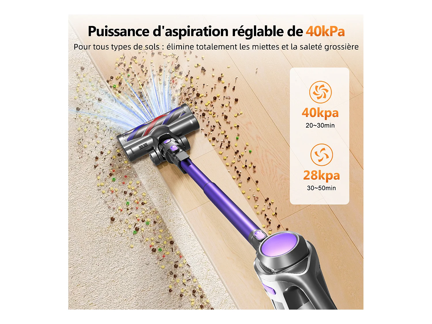 Hiazurm Aspirateur sans fil - 360W - Batterie 2200 mAh - 50 minutes - Bac à poussière de 1,3 L - Pour tapis et sols durs