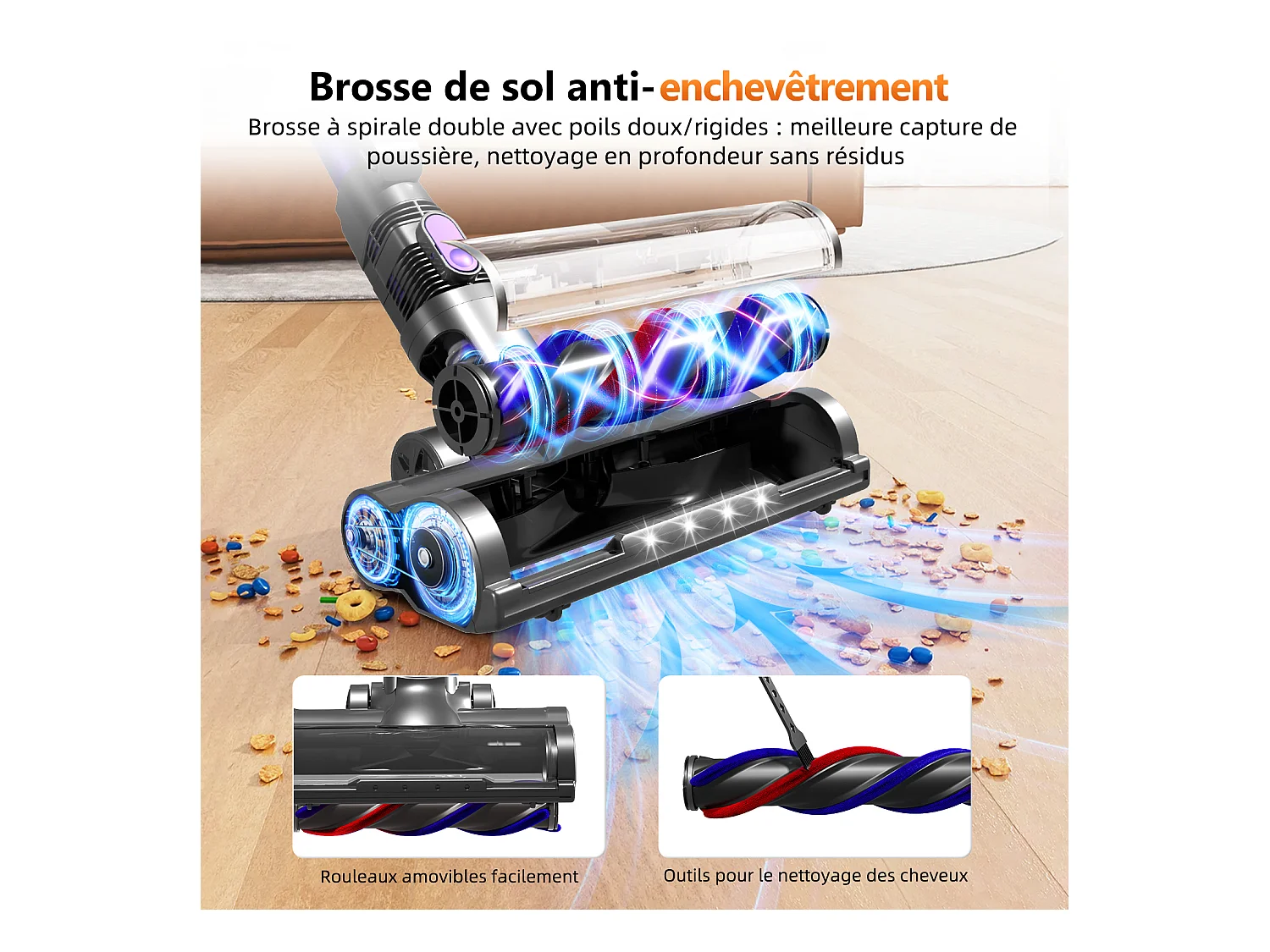 Hiazurm Aspirateur sans fil - 360W - Batterie 2200 mAh - 50 minutes - Bac à poussière de 1,3 L - Pour tapis et sols durs