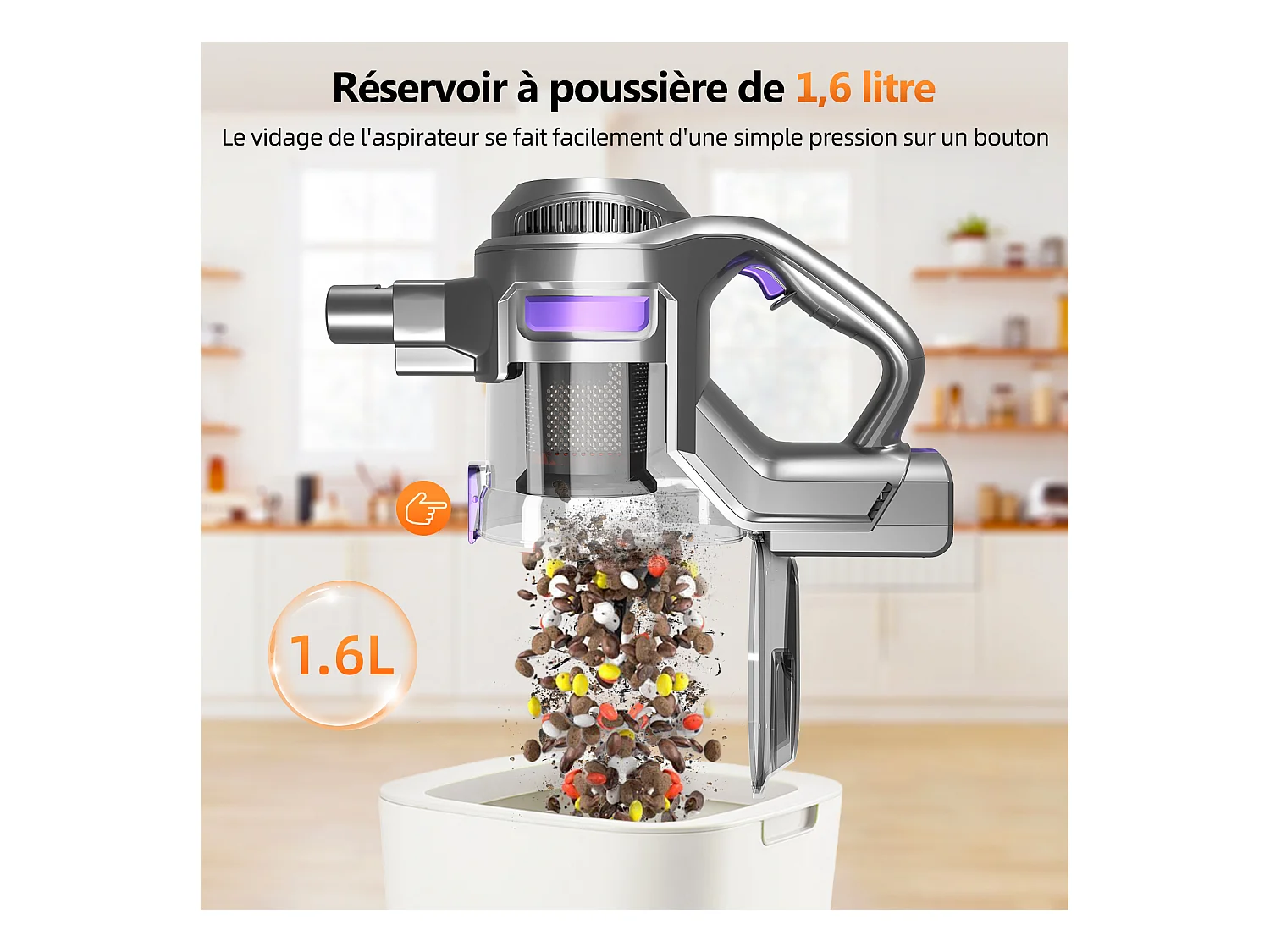 Hiazurm Aspirateur sans fil - 360W - Batterie 2200 mAh - 50 minutes - Bac à poussière de 1,3 L - Pour tapis et sols durs