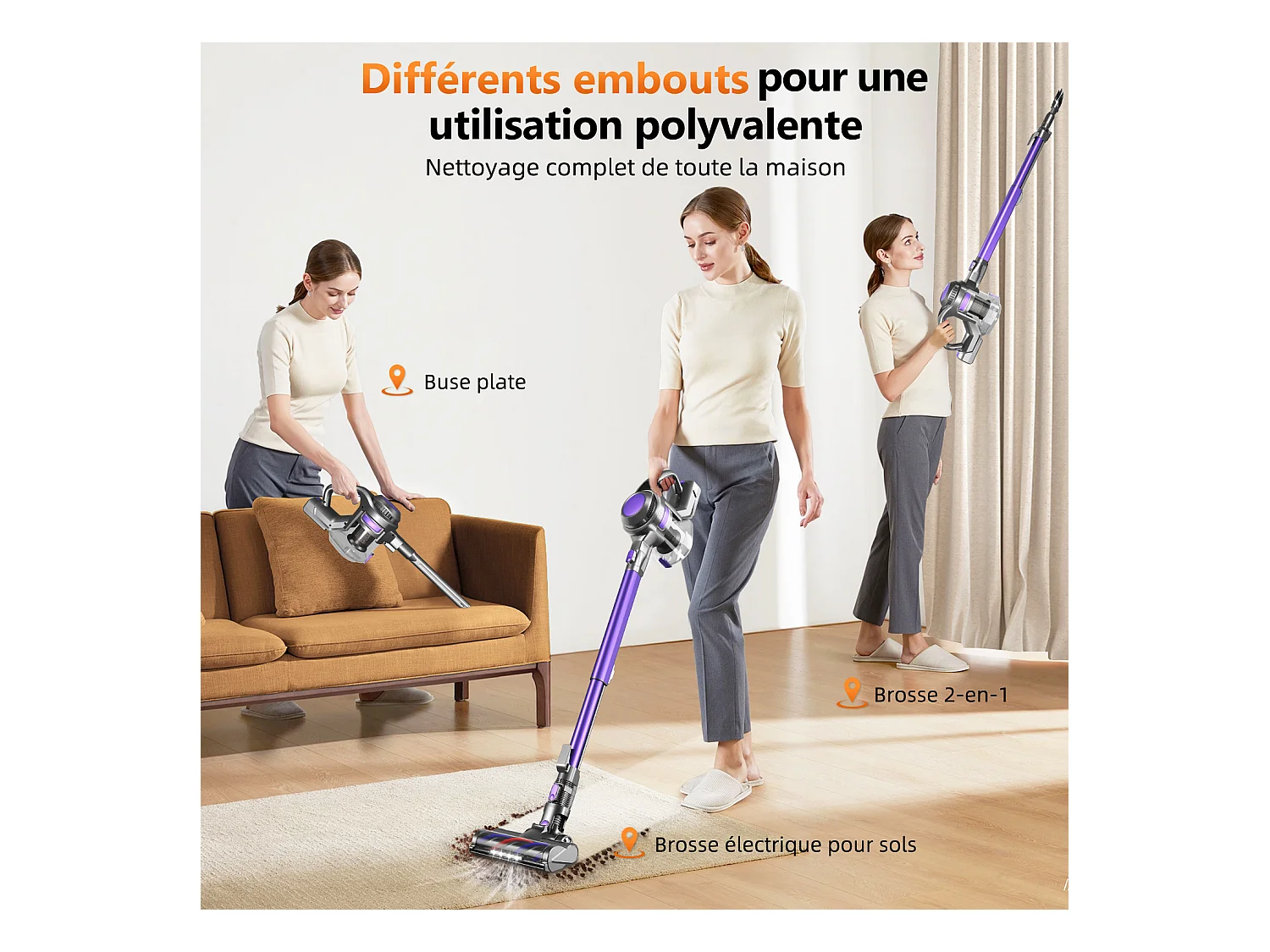 Hiazurm Aspirateur sans fil - 360W - Batterie 2200 mAh - 50 minutes - Bac à poussière de 1,3 L - Pour tapis et sols durs