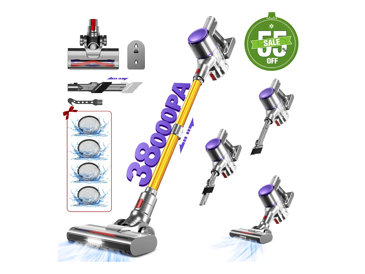 Hiazurm Aspirateur sans fil- 30000Pa - 300W - Aspirateur sans fil - Batterie 2200 mAh - 50 minutes - Bac à poussière de 1,5 L - Pour tapis et sols durs