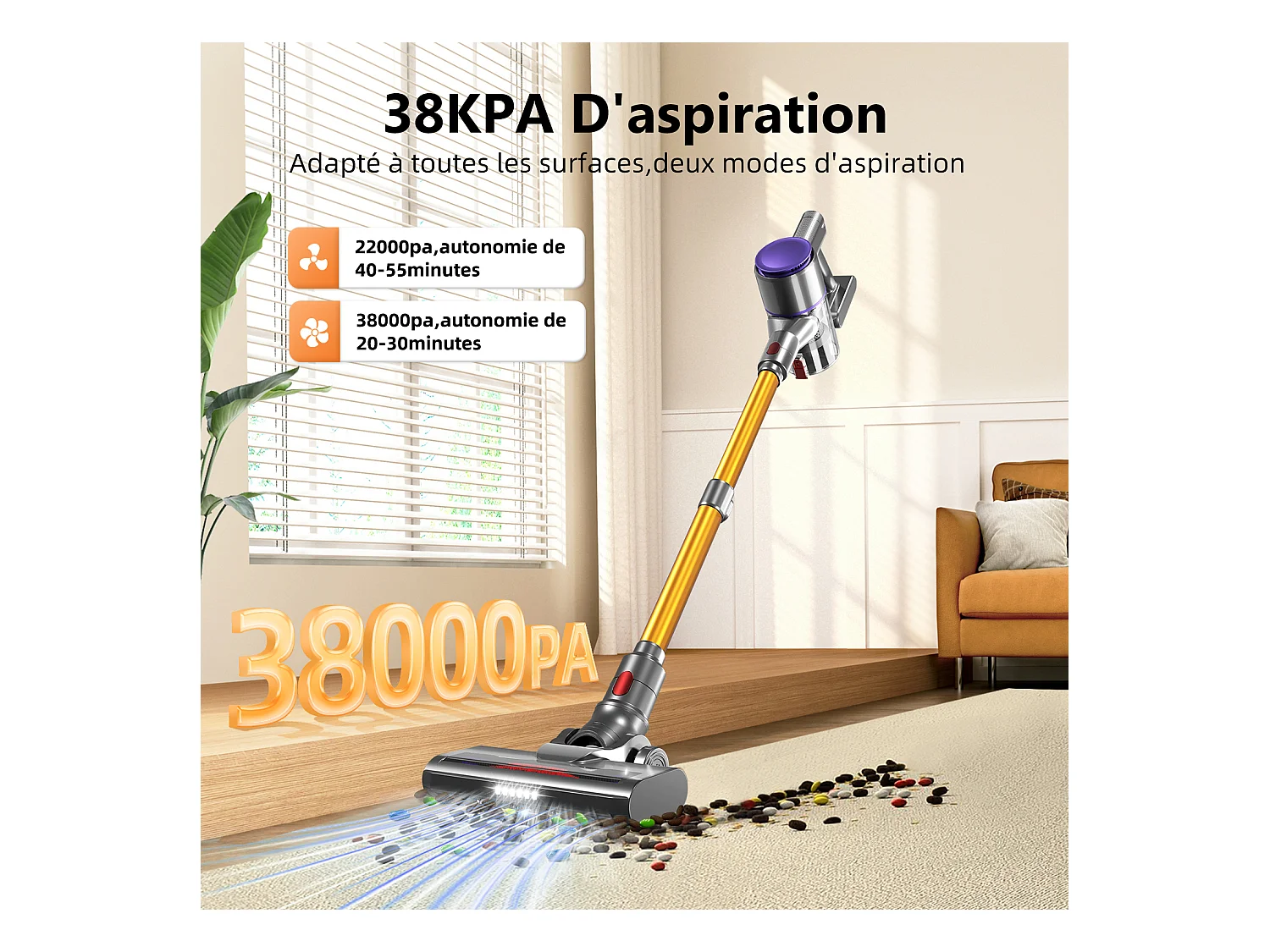 Hiazurm Aspirateur sans fil- 30000Pa - 300W - Aspirateur sans fil - Batterie 2200 mAh - 50 minutes - Bac à poussière de 1,5 L - Pour tapis et sols durs