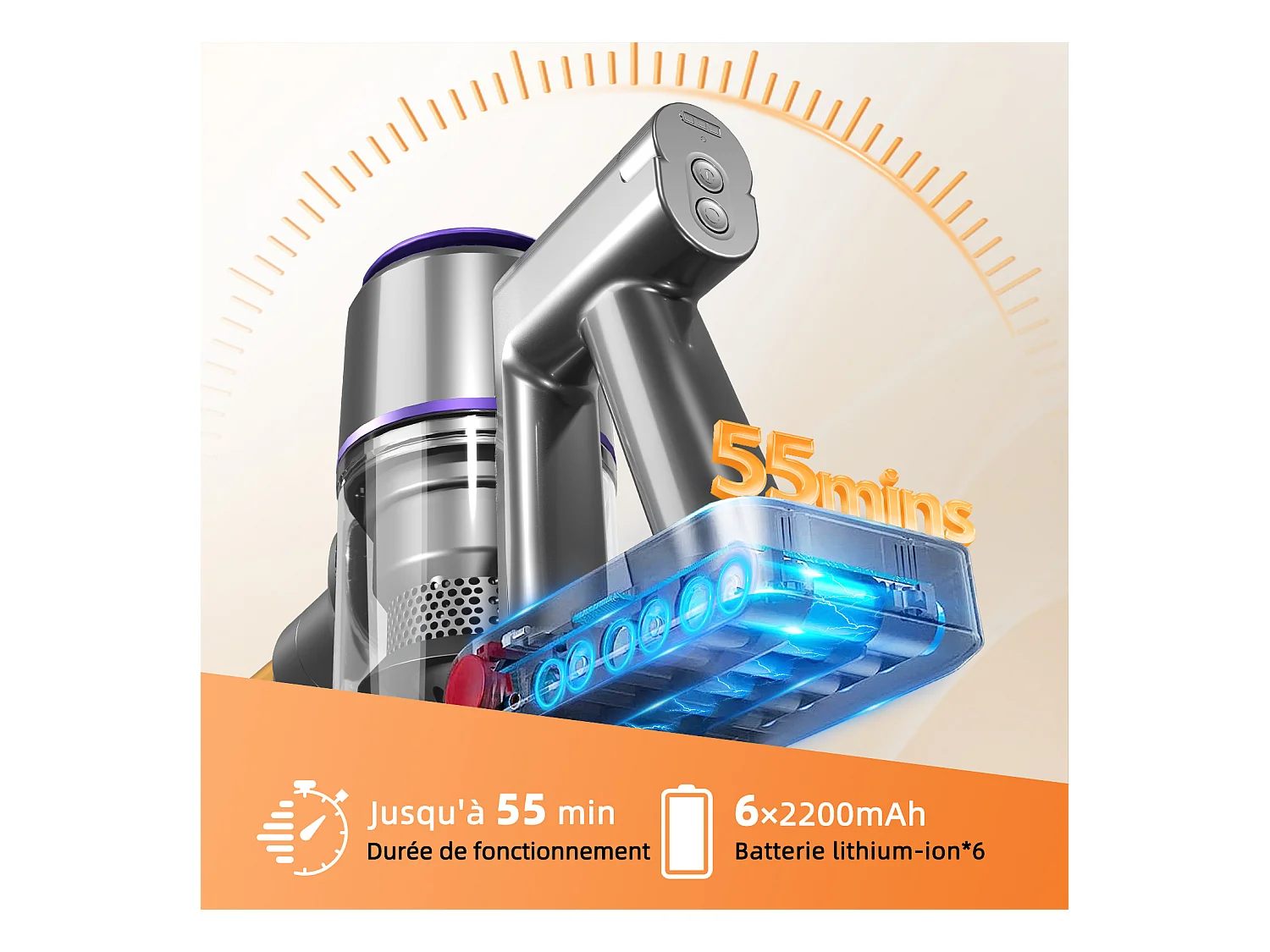 Hiazurm Aspirateur sans fil- 30000Pa - 300W - Aspirateur sans fil - Batterie 2200 mAh - 50 minutes - Bac à poussière de 1,5 L - Pour tapis et sols durs