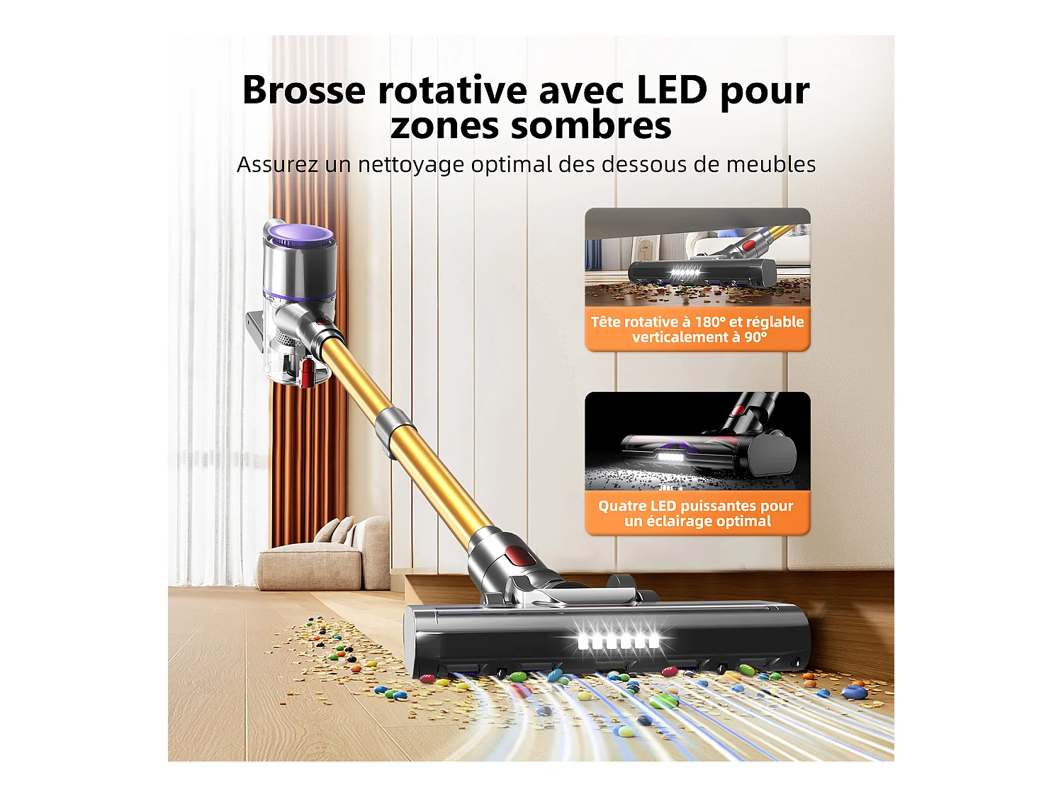 Hiazurm Aspirateur sans fil- 30000Pa - 300W - Aspirateur sans fil - Batterie 2200 mAh - 50 minutes - Bac à poussière de 1,5 L - Pour tapis et sols durs