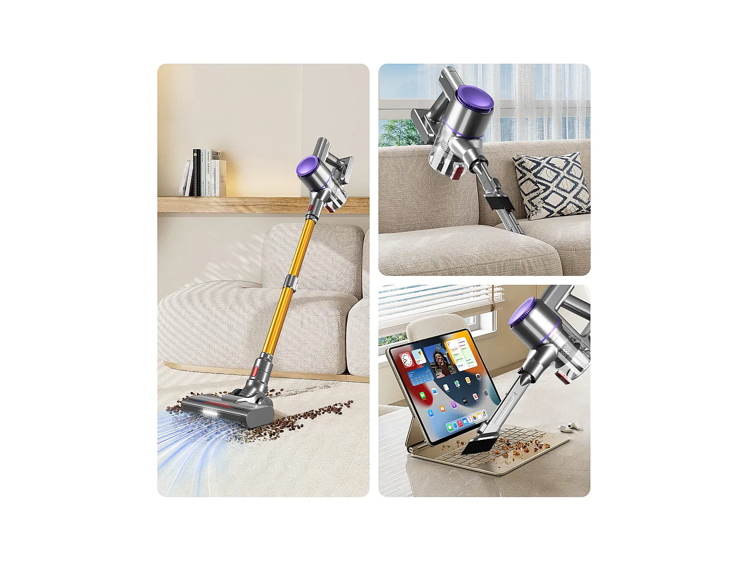 Hiazurm Aspirateur sans fil- 30000Pa - 300W - Aspirateur sans fil - Batterie 2200 mAh - 50 minutes - Bac à poussière de 1,5 L - Pour tapis et sols durs