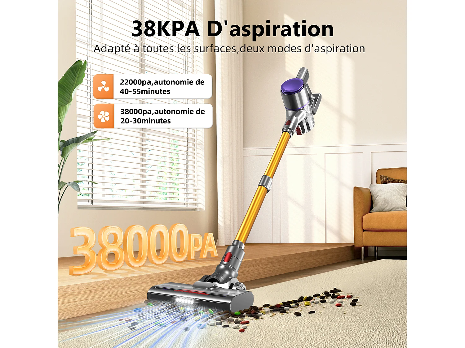 Hiazurm Aspirateur sans fil- 38000Pa - 300W - Aspirateur sans fil - Batterie 2200 mAh - 50 minutes - Bac à poussière de 1,5 L - Pour tapis et sols durs