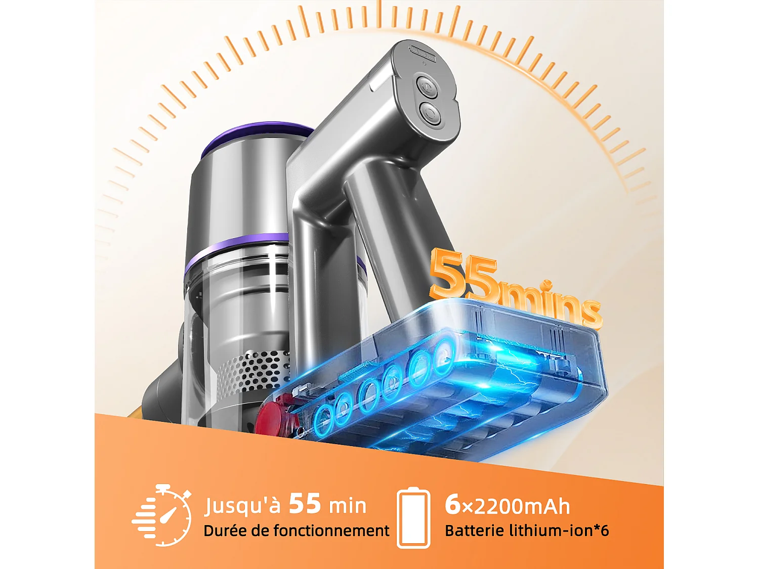 Hiazurm Aspirateur sans fil- 38000Pa - 300W - Aspirateur sans fil - Batterie 2200 mAh - 50 minutes - Bac à poussière de 1,5 L - Pour tapis et sols durs