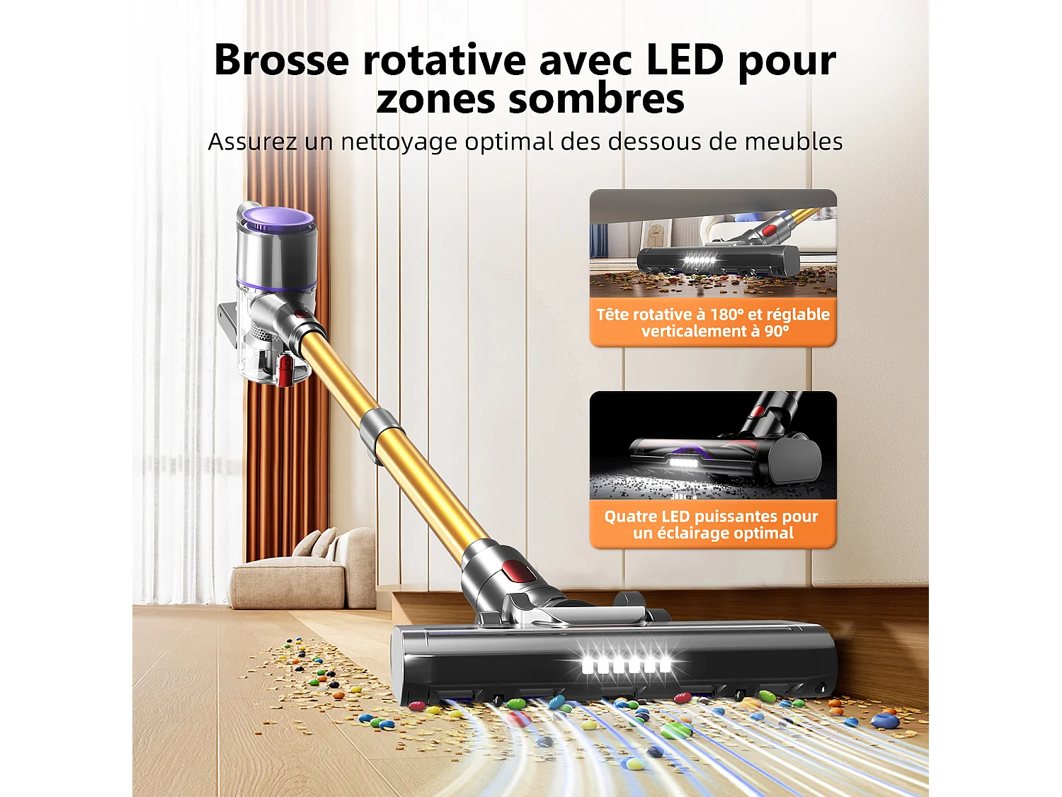 Hiazurm Aspirateur sans fil- 38000Pa - 300W - Aspirateur sans fil - Batterie 2200 mAh - 50 minutes - Bac à poussière de 1,5 L - Pour tapis et sols durs