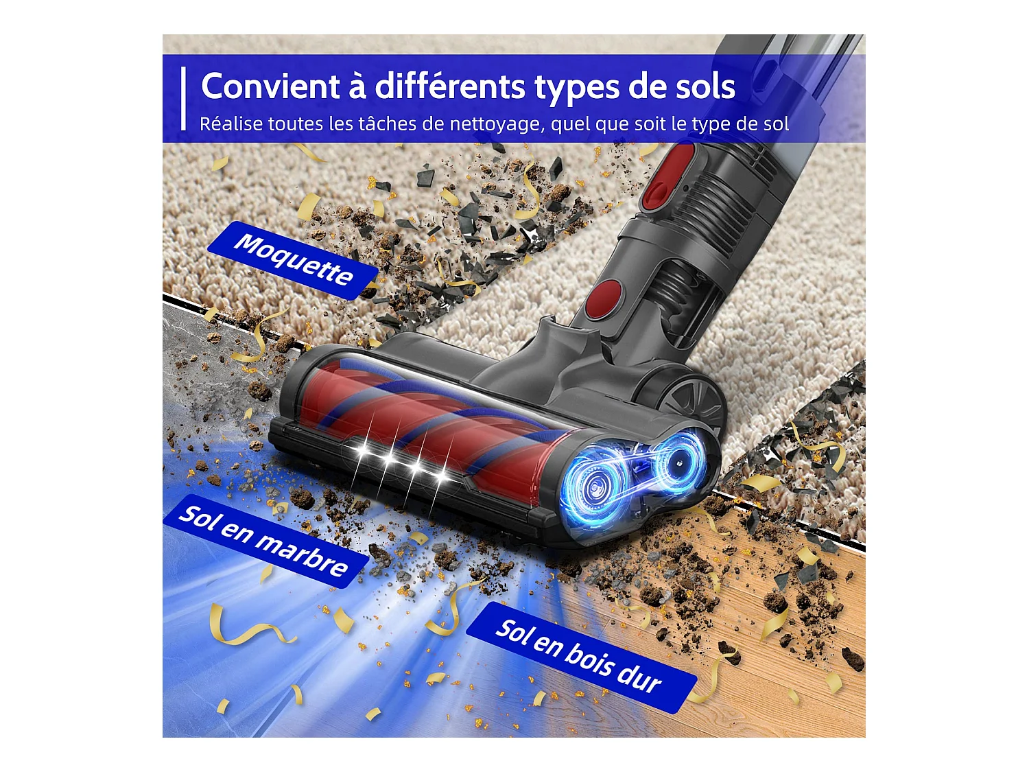 Hiazurm Aspirateur sans fil- 360W - Aspirateur sans fil - Batterie 2200 mAh - 50 minutes - Bac à poussière de 1,3 L - Pour tapis et sols durs