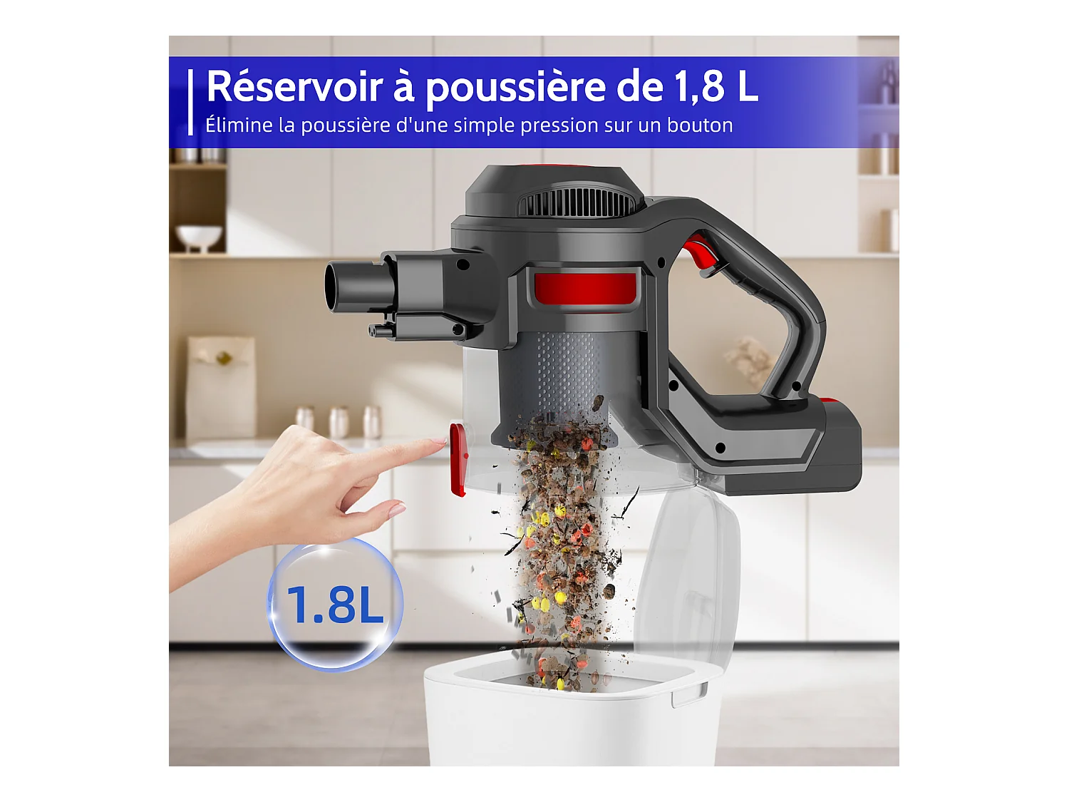 Hiazurm Aspirateur sans fil- 360W - Aspirateur sans fil - Batterie 2200 mAh - 50 minutes - Bac à poussière de 1,3 L - Pour tapis et sols durs