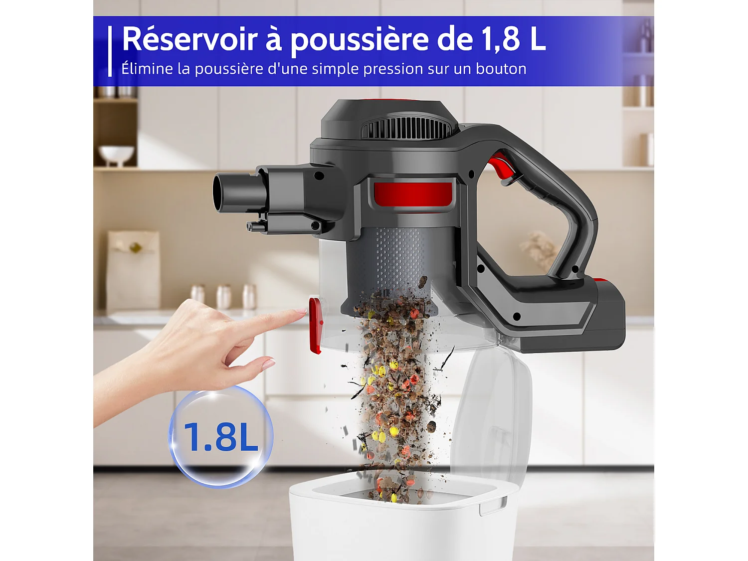 Hiazurm Aspirateur sans fil- 360W - Aspirateur sans fil - Batterie 2200 mAh - 50 minutes - Bac à poussière de 1,8 L - Pour tapis et sols durs