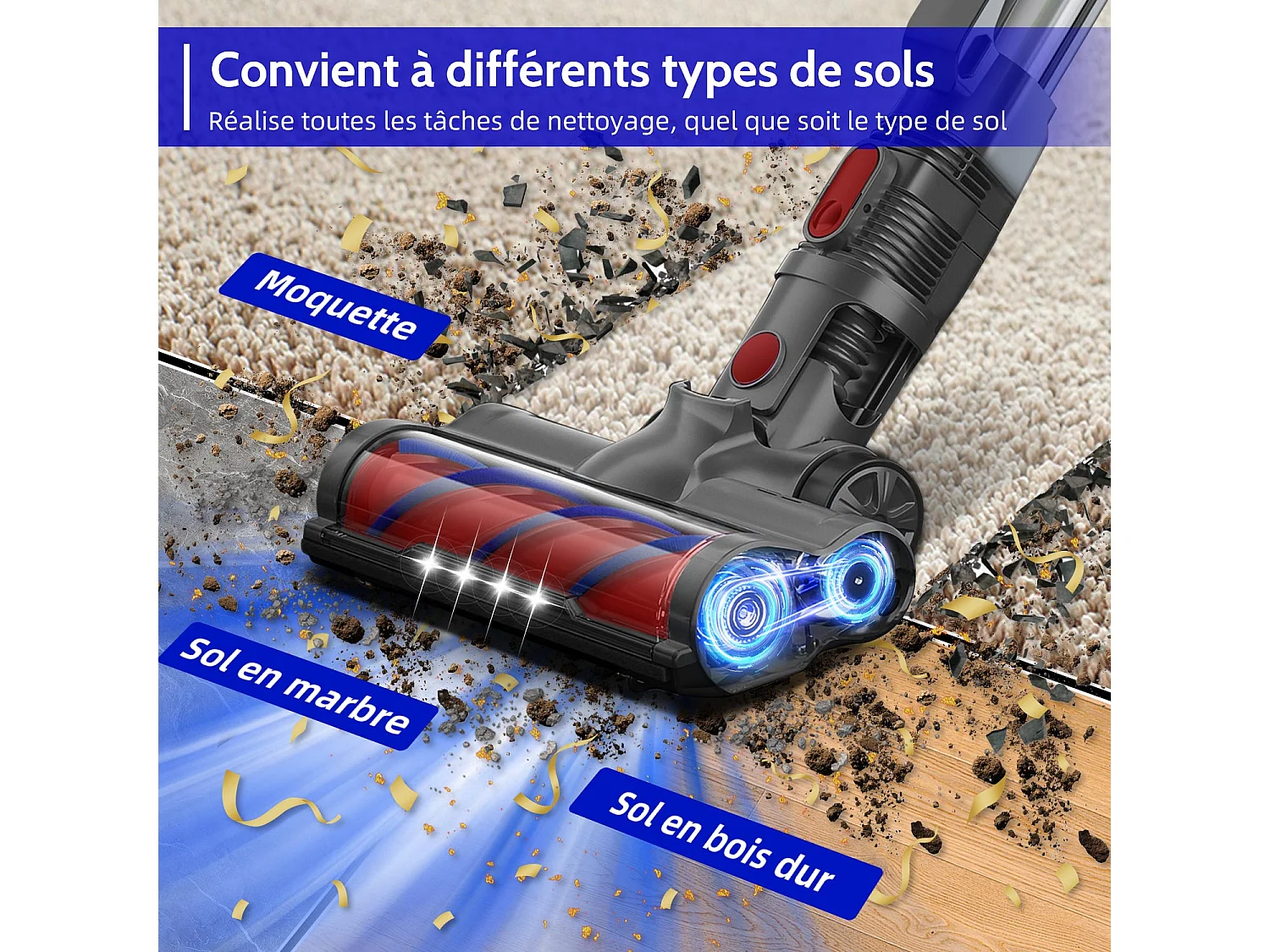Hiazurm Aspirateur sans fil- 360W - Aspirateur sans fil - Batterie 2200 mAh - 50 minutes - Bac à poussière de 1,8 L - Pour tapis et sols durs