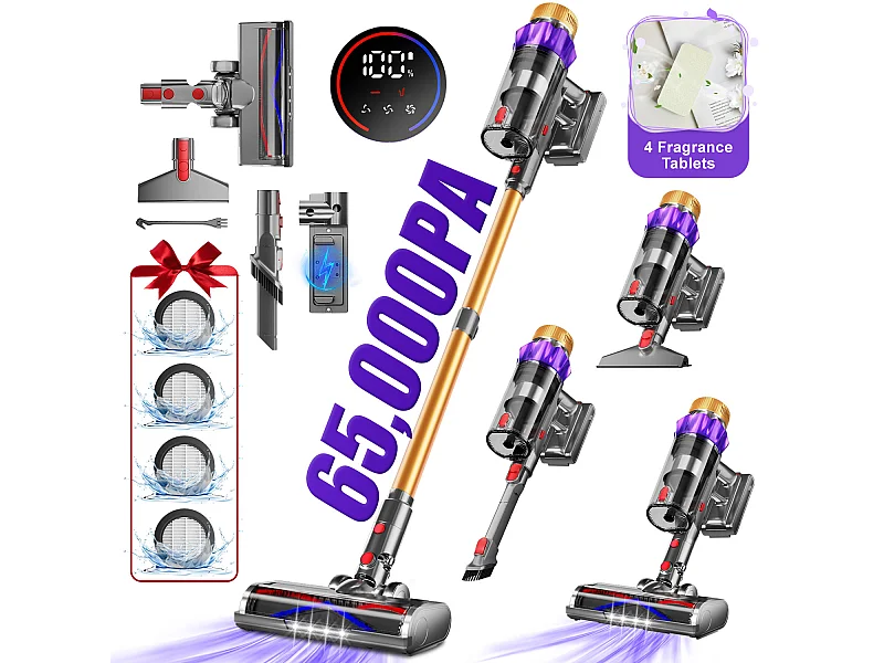 Hiazurm Aspirateur Balai Sans Fil - 65000 Pa - 3 Modes d’Aspiration - Affichage LED - 20-70 Min d’Autonomie - 1,8 L - Avec Brosse pour Meubles - 550W