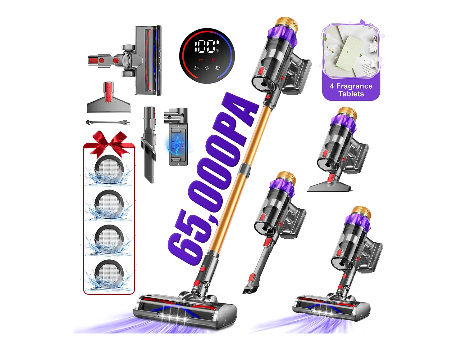 Hiazurm Aspirateur Balai Sans Fil - 65000 Pa - 3 Modes d’Aspiration - Affichage LED - 20-70 Min d’Autonomie - 1,8 L - Avec Brosse pour Meubles - 550W
