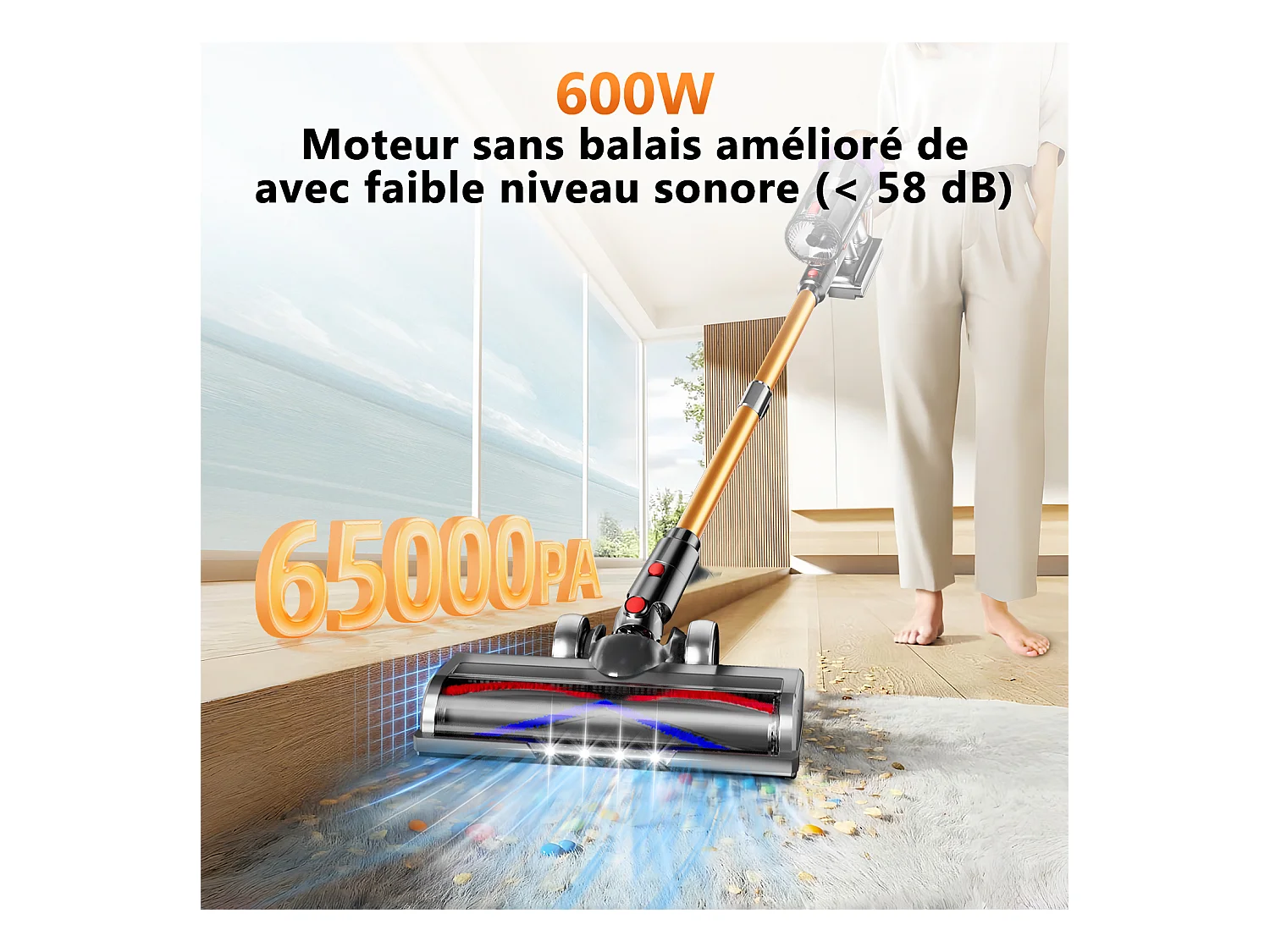 Hiazurm Aspirateur Balai Sans Fil - 65000 Pa - 3 Modes d’Aspiration - Affichage LED - 20-70 Min d’Autonomie - 1,8 L - Avec Brosse pour Meubles - 550W