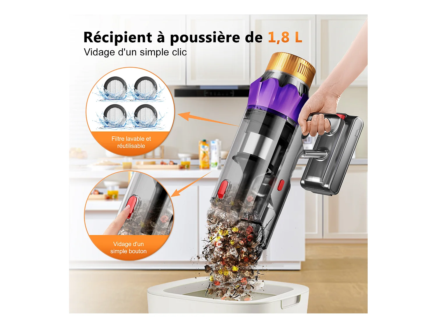 Hiazurm Aspirateur Balai Sans Fil - 65000 Pa - 3 Modes d’Aspiration - Affichage LED - 20-70 Min d’Autonomie - 1,8 L - Avec Brosse pour Meubles - 550W