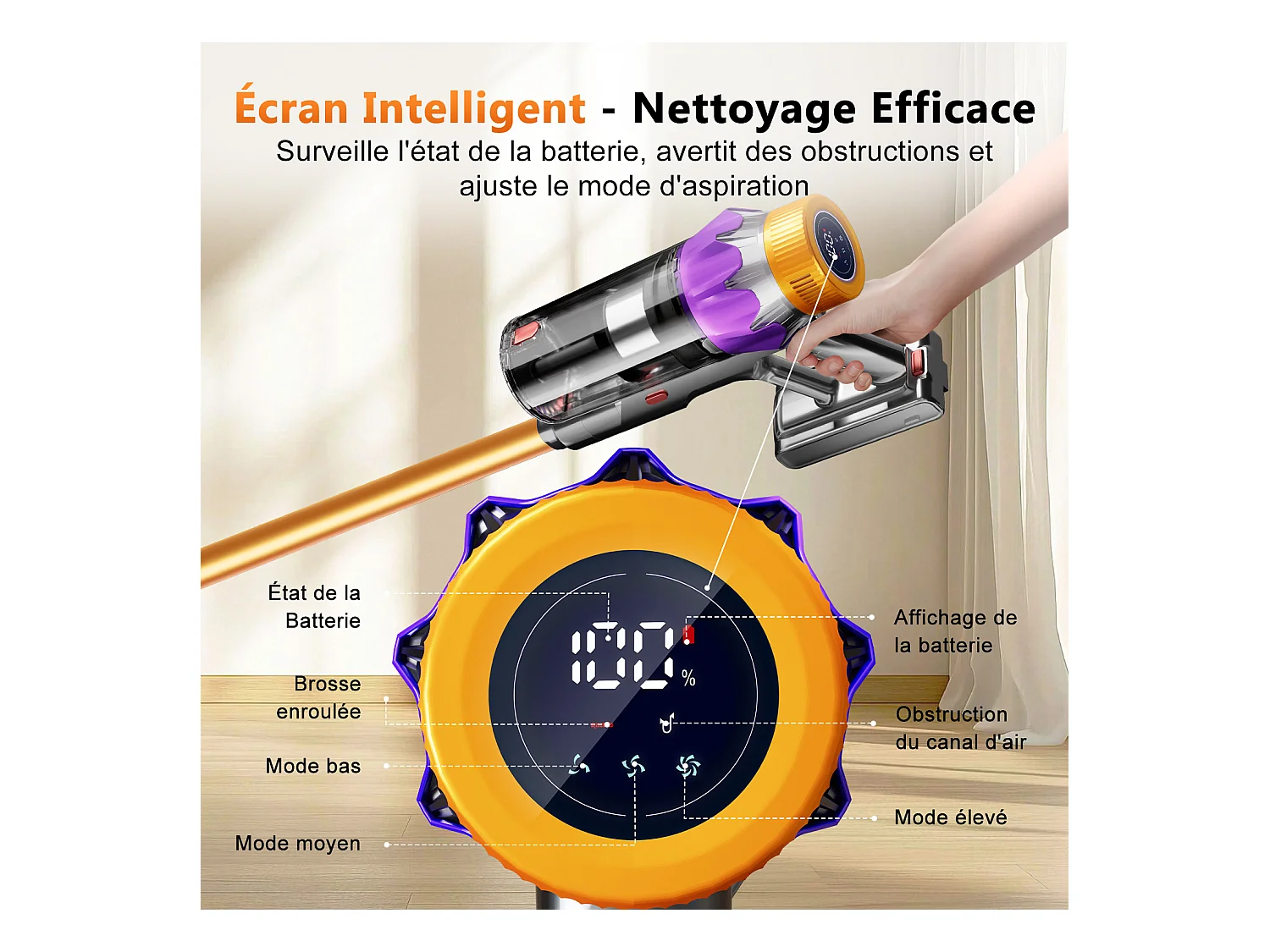 Hiazurm Aspirateur Balai Sans Fil - 65000 Pa - 3 Modes d’Aspiration - Affichage LED - 20-70 Min d’Autonomie - 1,8 L - Avec Brosse pour Meubles - 550W