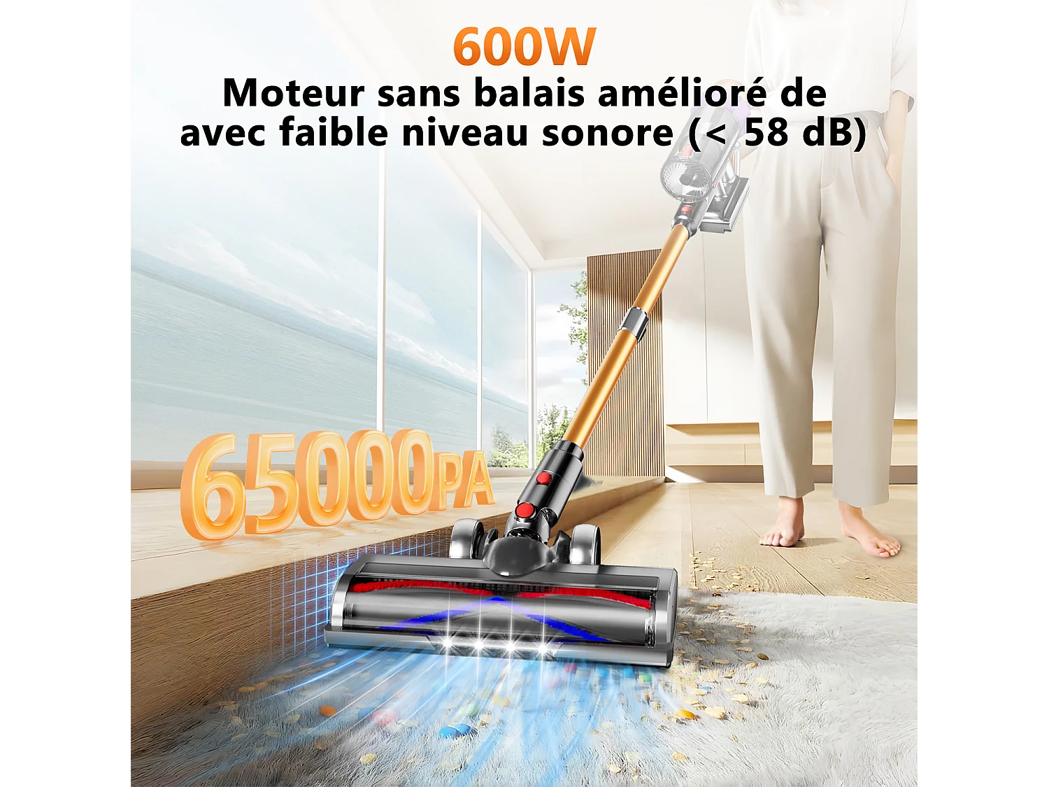 Hiazurm Aspirateur Balai Sans Fil - 65000 Pa - 3 Modes d’Aspiration - Affichage LED - 20-70 Min d’Autonomie - 1,8 L - Avec Brosse pour Meubles - 550W