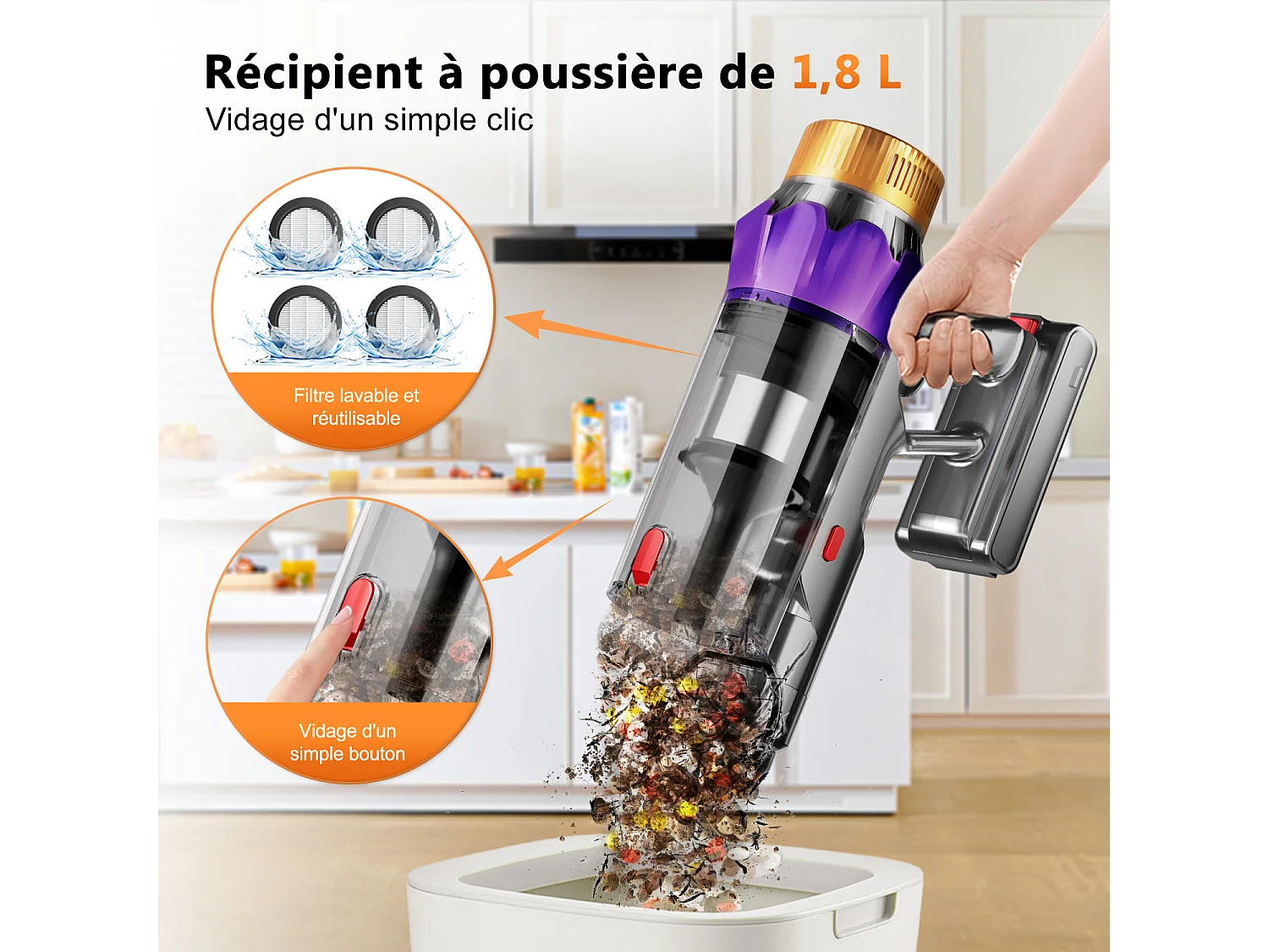 Hiazurm Aspirateur Balai Sans Fil - 65000 Pa - 3 Modes d’Aspiration - Affichage LED - 20-70 Min d’Autonomie - 1,8 L - Avec Brosse pour Meubles - 550W