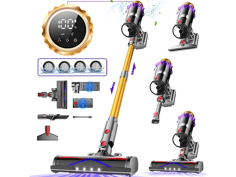 Hiazurm Aspirateur Balai Sans Fil - 65000 Pa - 3 Modes d’Aspiration - Affichage LED - 20-70 Min d’Autonomie - 1,8 L - Avec Brosse pour Meubles - 550W