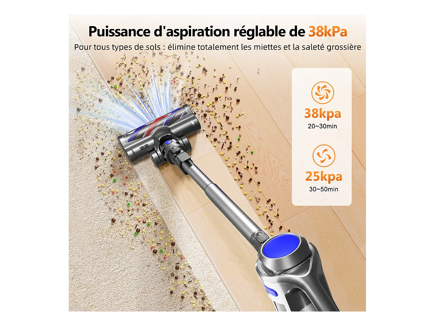 Hiazurm Aspirateur Balai - Aspirateur Sans Fil - Batterie 2200 mAh - 50 Minutes d’Autonomie - Bac à Poussière 1,3 L - Pour Tapis et Sols Durs
