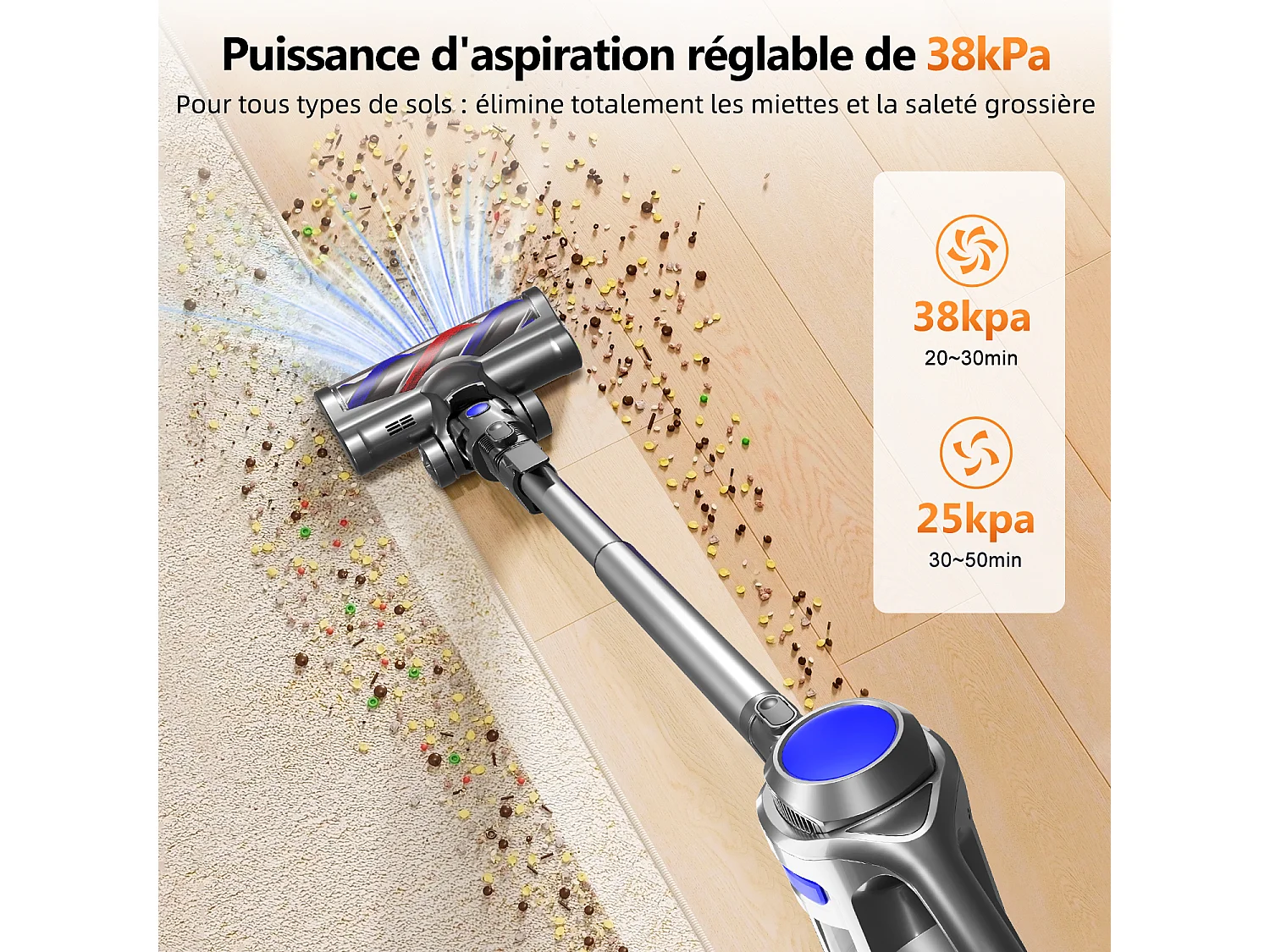 Hiazurm Aspirateur Balai - Aspirateur Sans Fil - Batterie 2200 mAh - 50 Minutes d’Autonomie - Bac à Poussière 1,3 L - Pour Tapis et Sols Durs