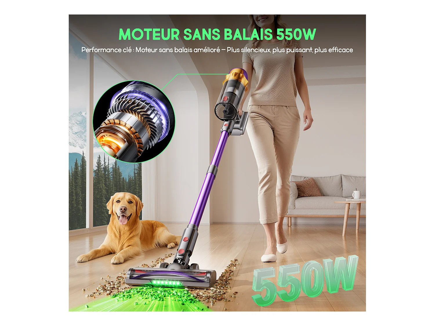 Hiazurm Aspirateur sans fil - 65000Pa - Aspirateur 3 niveaux de puissance d'aspiration - Écran LED - Autonomie de 20-70 minutes