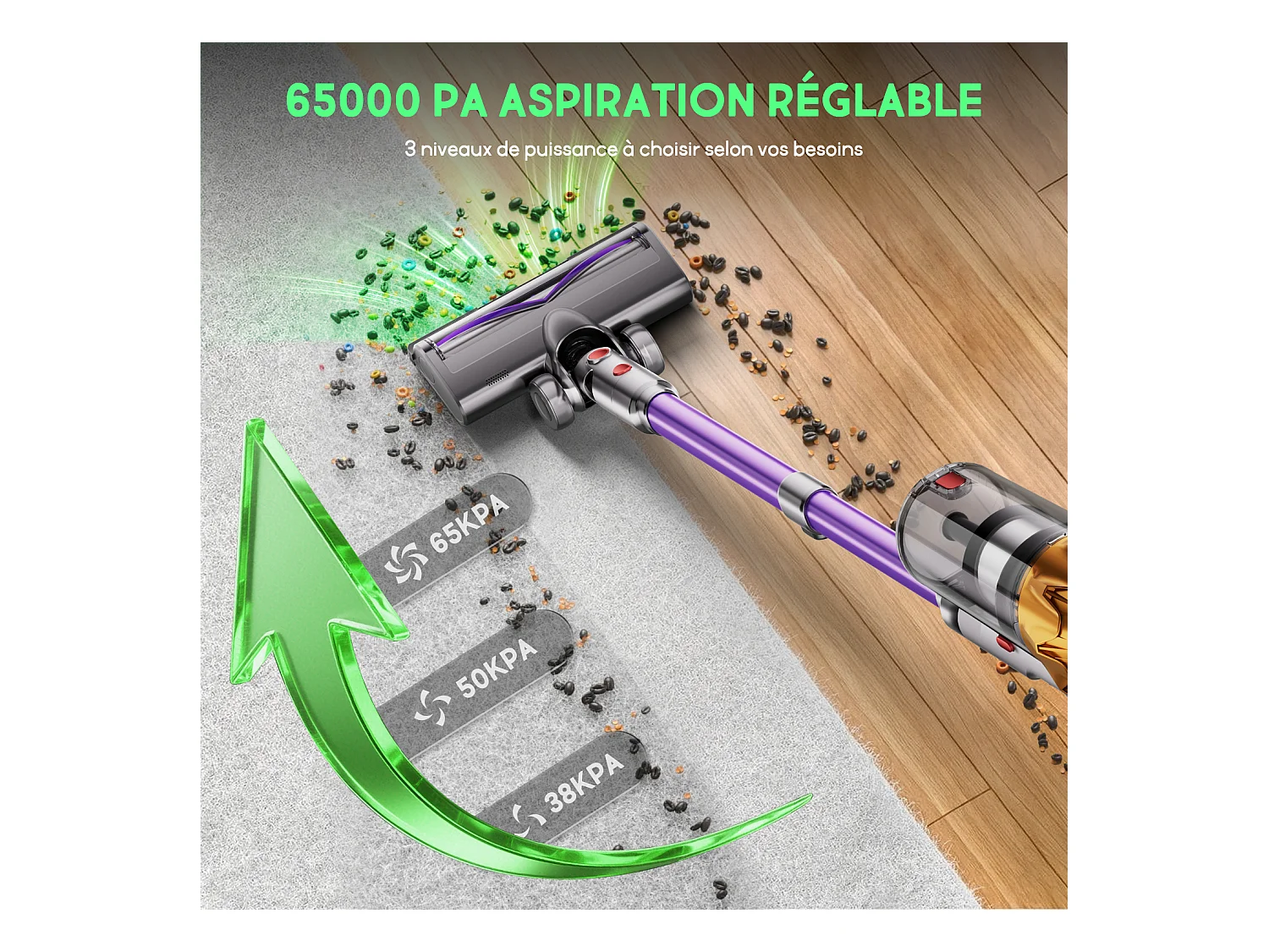 Hiazurm Aspirateur sans fil - 65000Pa - Aspirateur 3 niveaux de puissance d'aspiration - Écran LED - Autonomie de 20-70 minutes