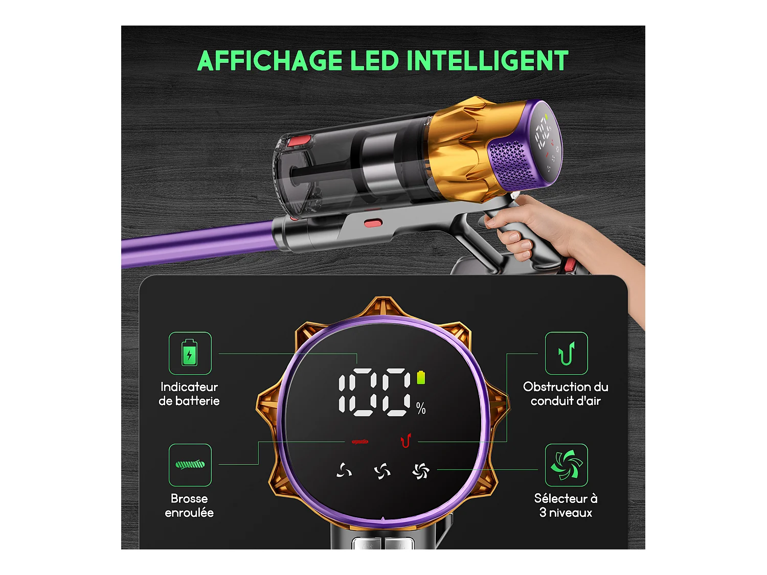 Hiazurm Aspirateur sans fil - 65000Pa - Aspirateur 3 niveaux de puissance d'aspiration - Écran LED - Autonomie de 20-70 minutes