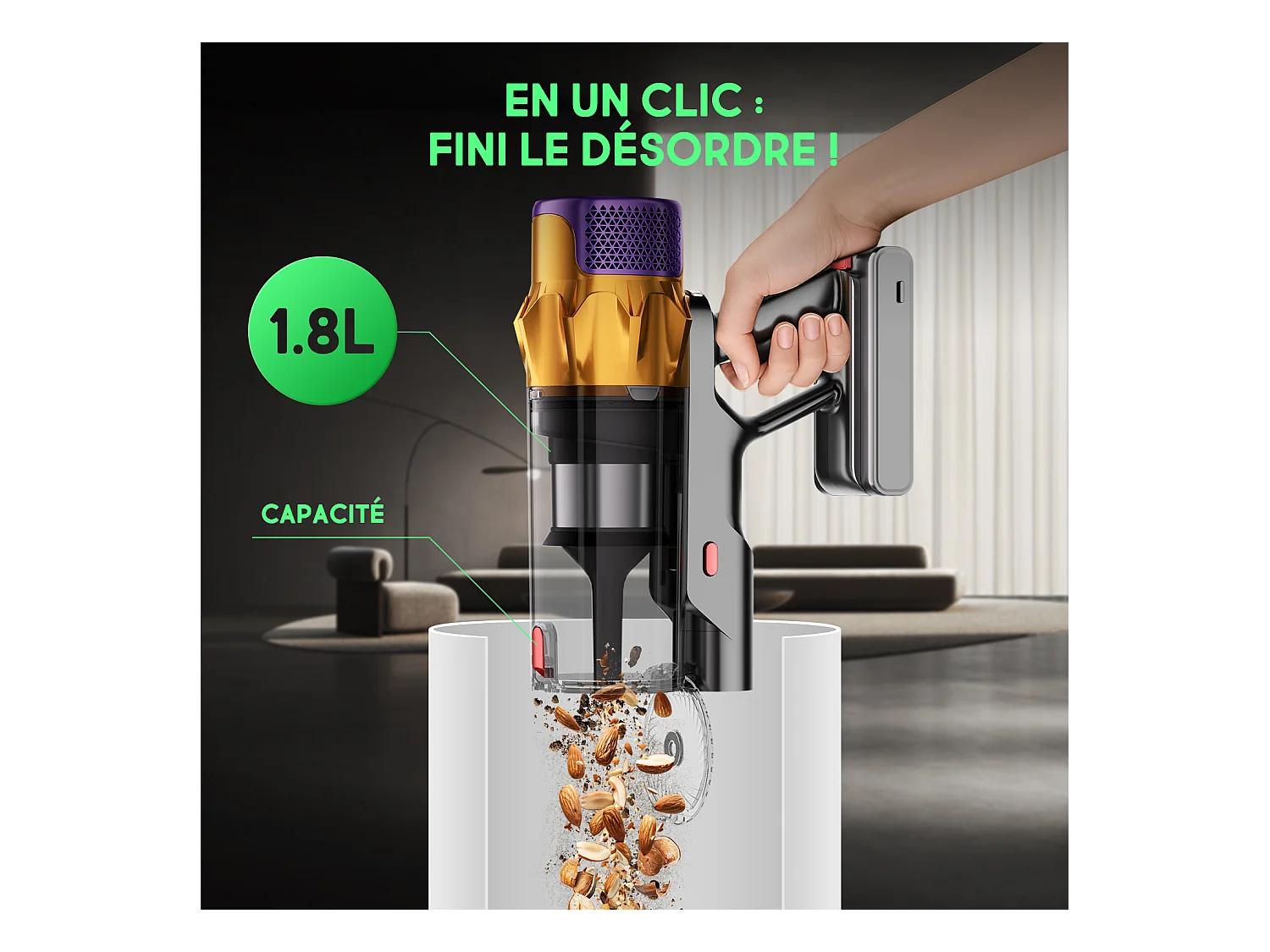 Hiazurm Aspirateur sans fil - 65000Pa - Aspirateur 3 niveaux de puissance d'aspiration - Écran LED - Autonomie de 20-70 minutes