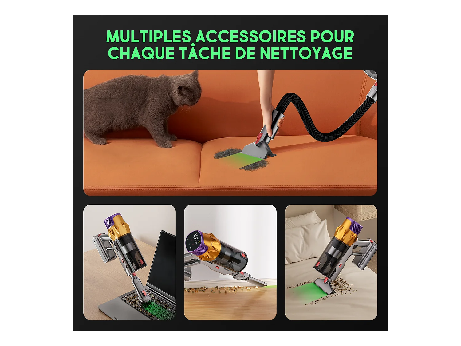 Hiazurm Aspirateur sans fil - 65000Pa - Aspirateur 3 niveaux de puissance d'aspiration - Écran LED - Autonomie de 20-70 minutes