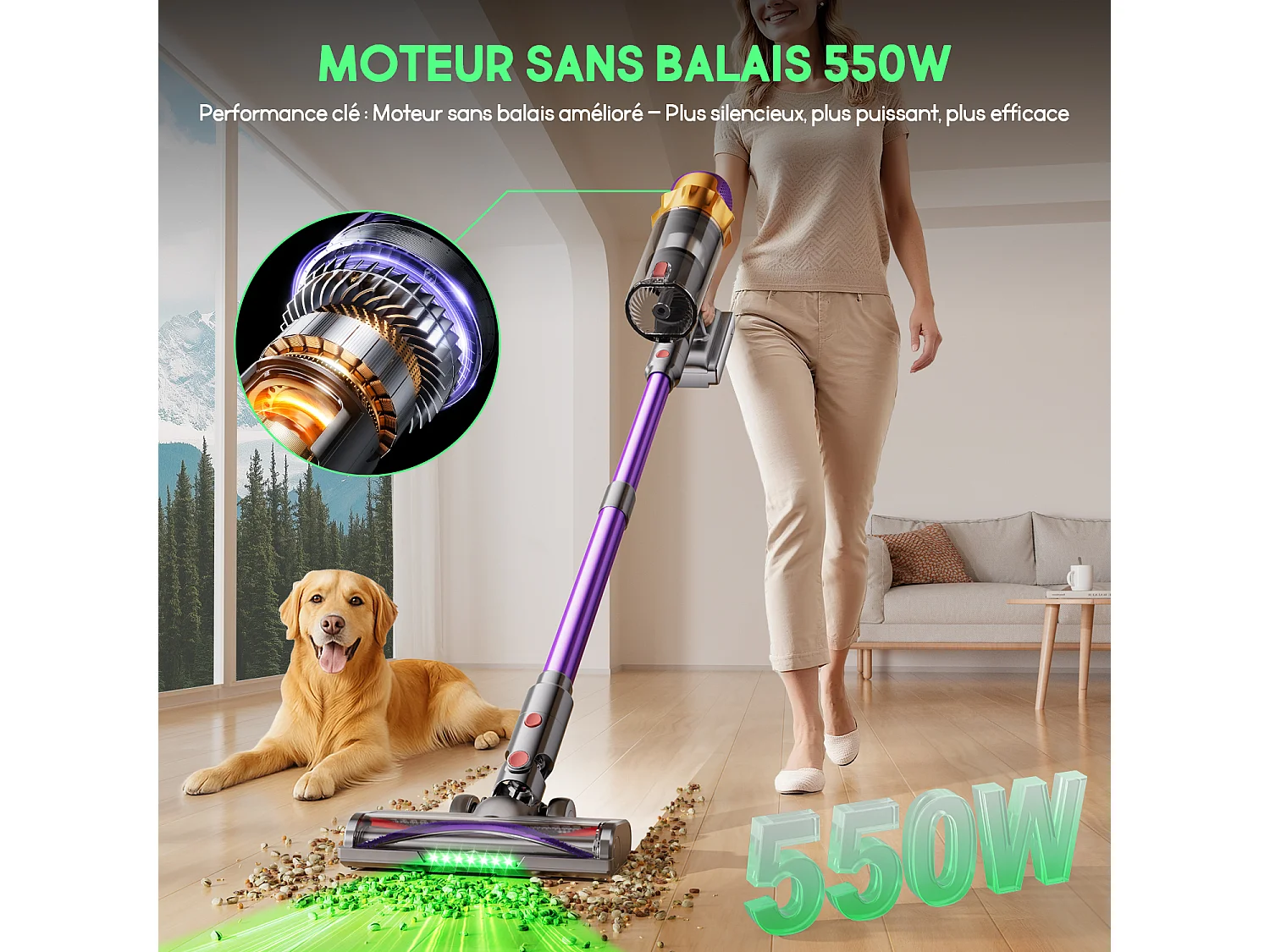 Hiazurm Aspirateur sans fil - 70000Pa - Aspirateur 3 niveaux de puissance d'aspiration - Écran LED - Autonomie de 20-70 minutes