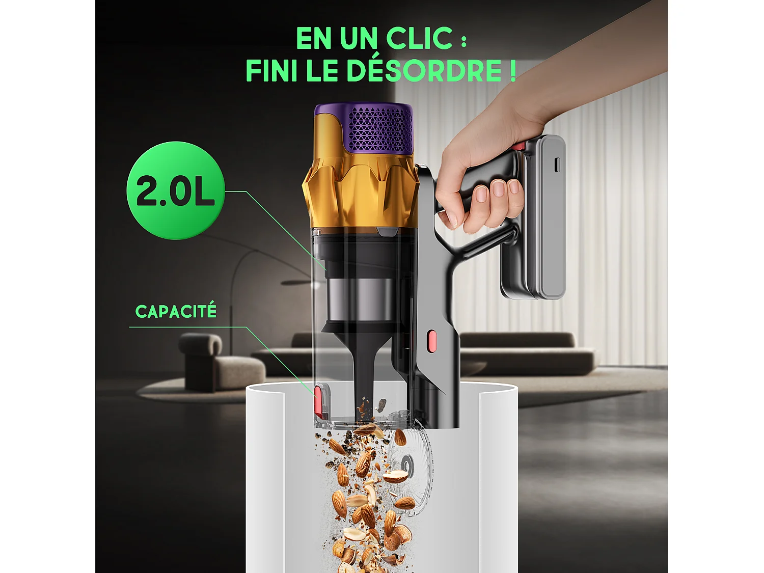 Hiazurm Aspirateur sans fil - 70000Pa - Aspirateur 3 niveaux de puissance d'aspiration - Écran LED - Autonomie de 20-70 minutes