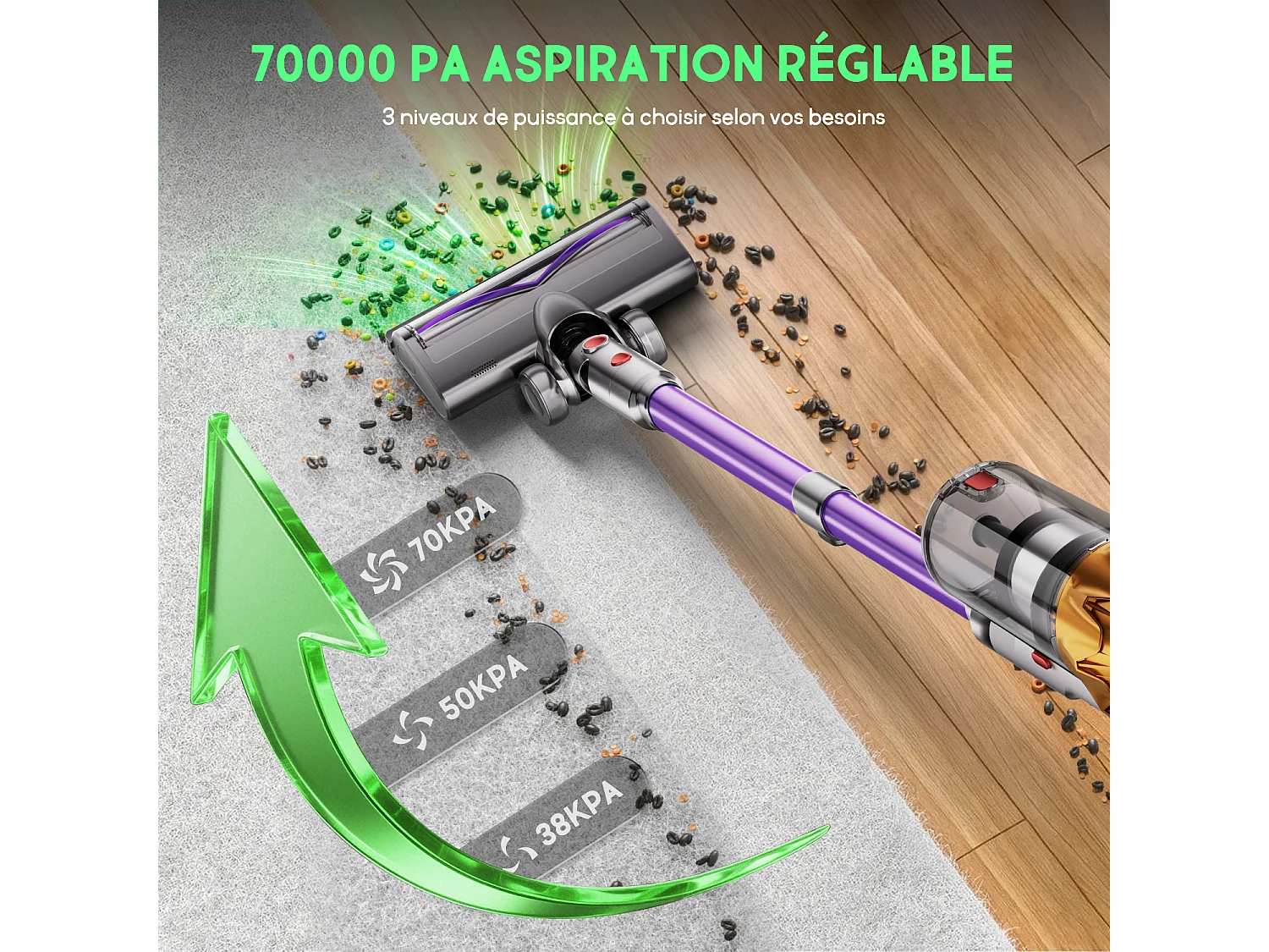 Hiazurm Aspirateur sans fil - 70000Pa - Aspirateur 3 niveaux de puissance d'aspiration - Écran LED - Autonomie de 20-70 minutes