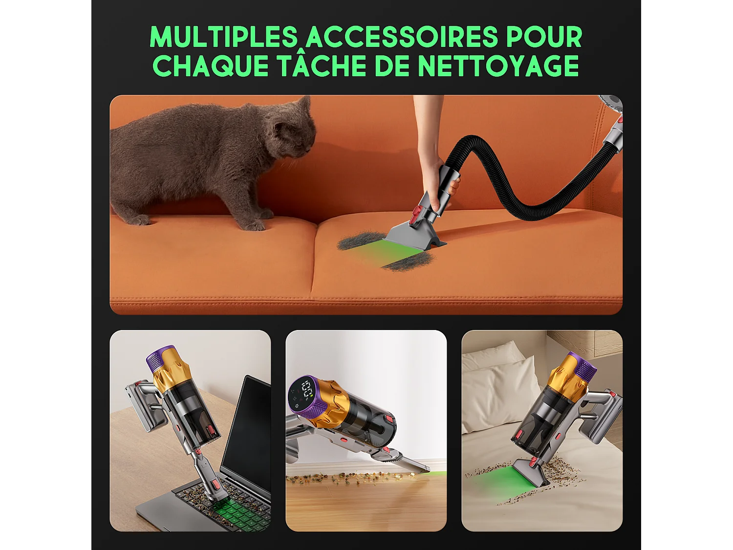 Hiazurm Aspirateur sans fil - 70000Pa - Aspirateur 3 niveaux de puissance d'aspiration - Écran LED - Autonomie de 20-70 minutes