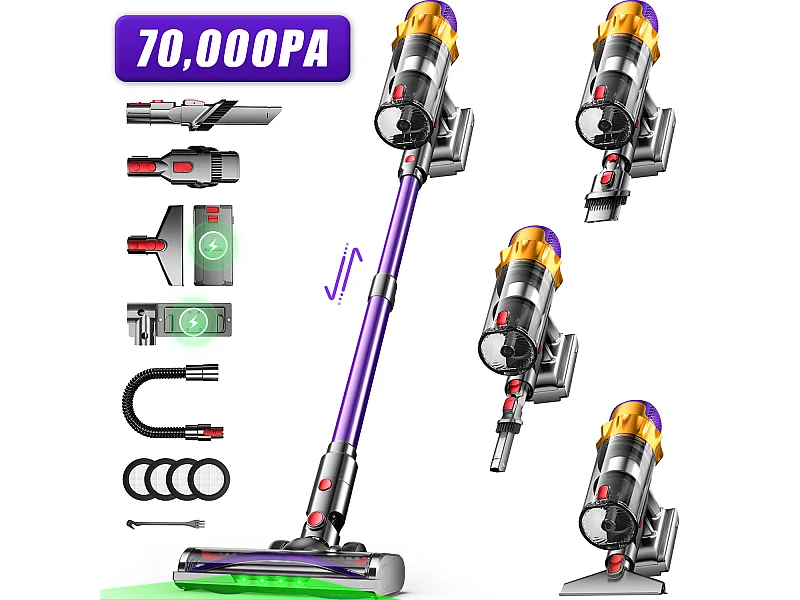 Hiazurm Aspirateur sans fil - 70000Pa - Aspirateur 3 niveaux de puissance d'aspiration - Écran LED - Autonomie de 20-70 minutes