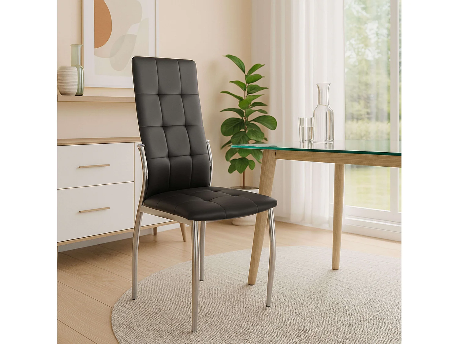 Pack de 4 Sillas de Comedor Salón Laci, Polipiel Cromadas Negro 45x101x51 cm