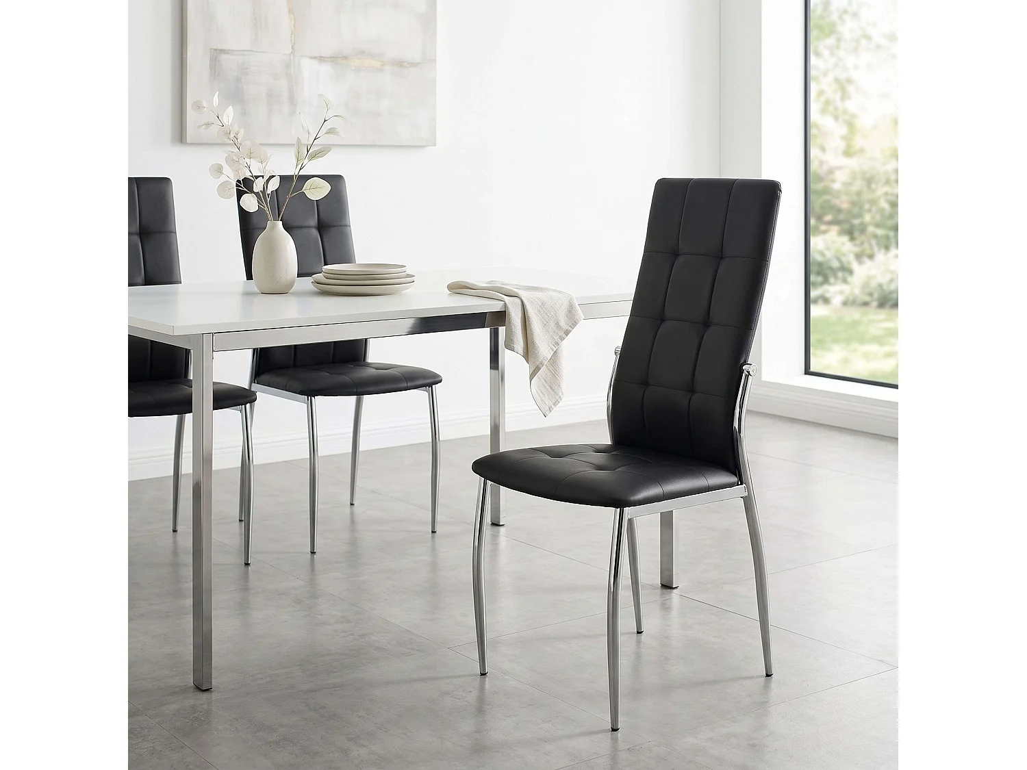 Pack de 4 Sillas de Comedor Salón Laci, Polipiel Cromadas Negro 45x101x51 cm