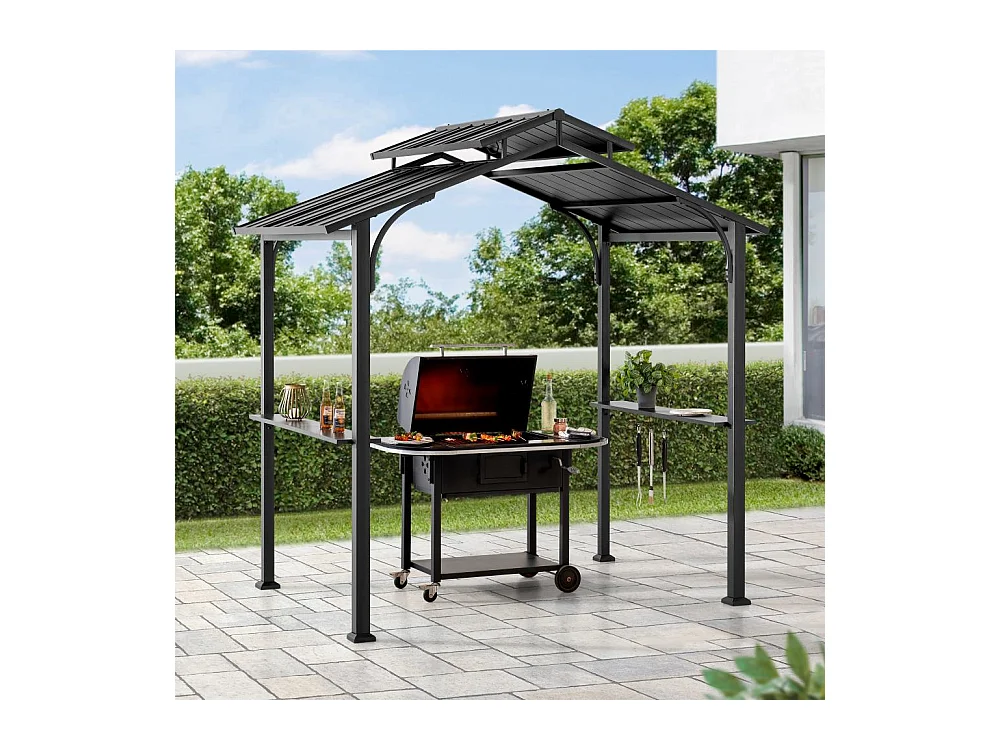 Gazebo grill à toit rigide avec crochets et étagères de bar ECRINS 242 cm x 153 cm