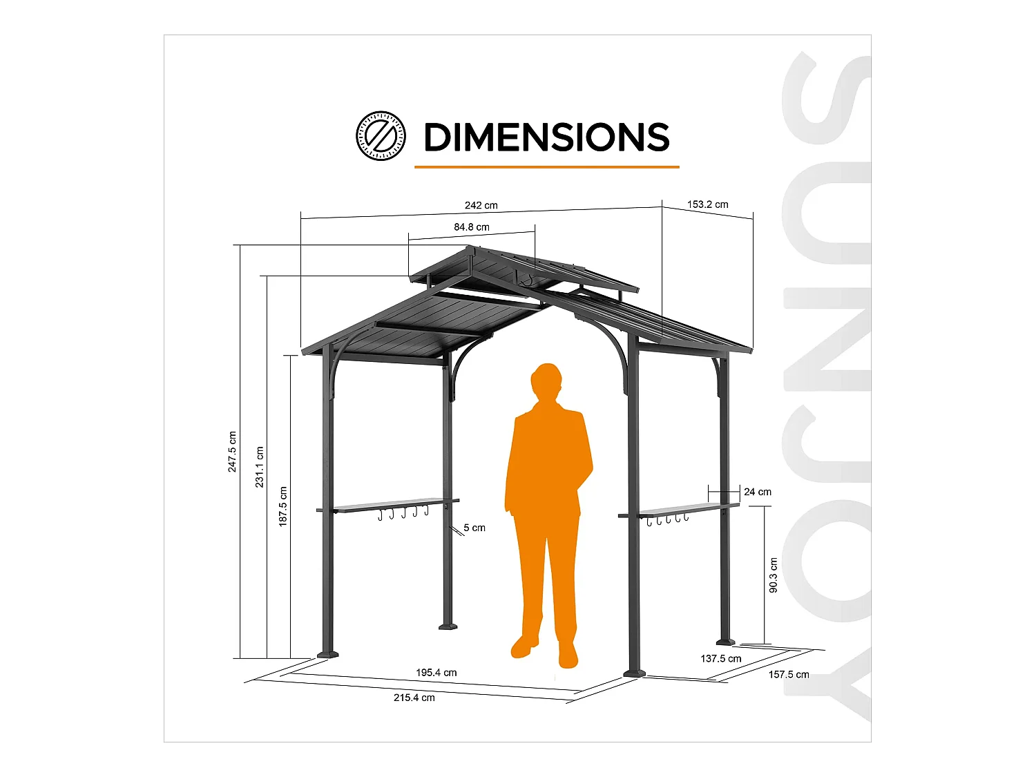 Gazebo grill à toit rigide avec crochets et étagères de bar ECRINS 242 cm x 153 cm