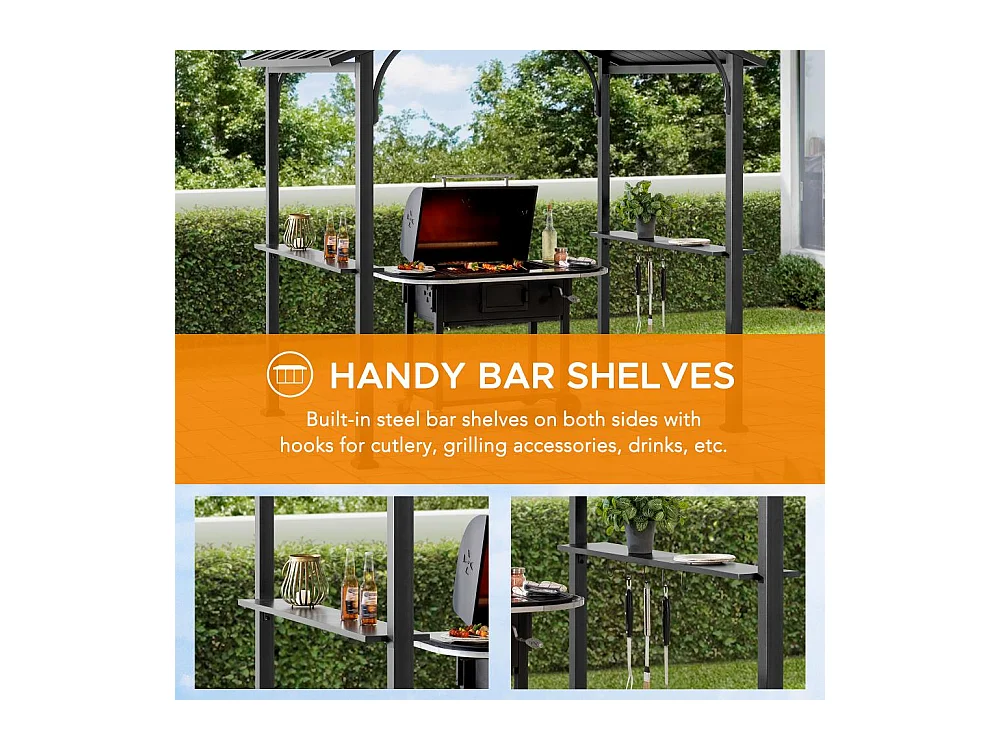 Gazebo grill à toit rigide avec crochets et étagères de bar ECRINS 242 cm x 153 cm
