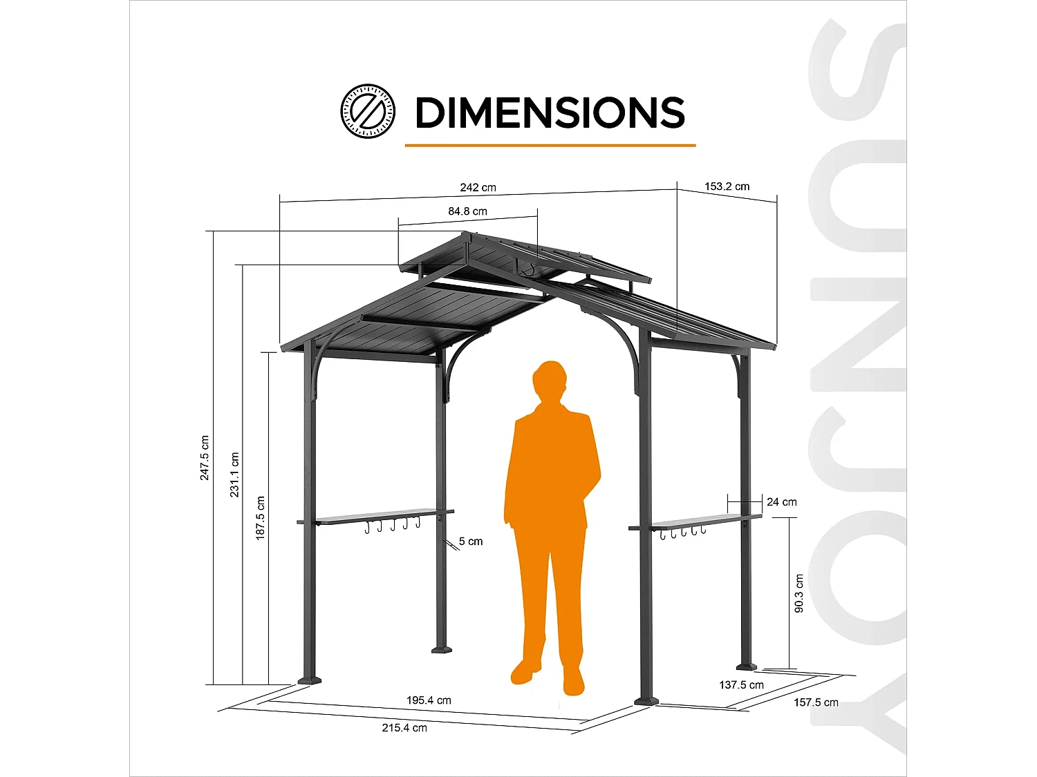 Gazebo grill à toit rigide avec crochets et étagères de bar ECRINS 242 cm x 153 cm