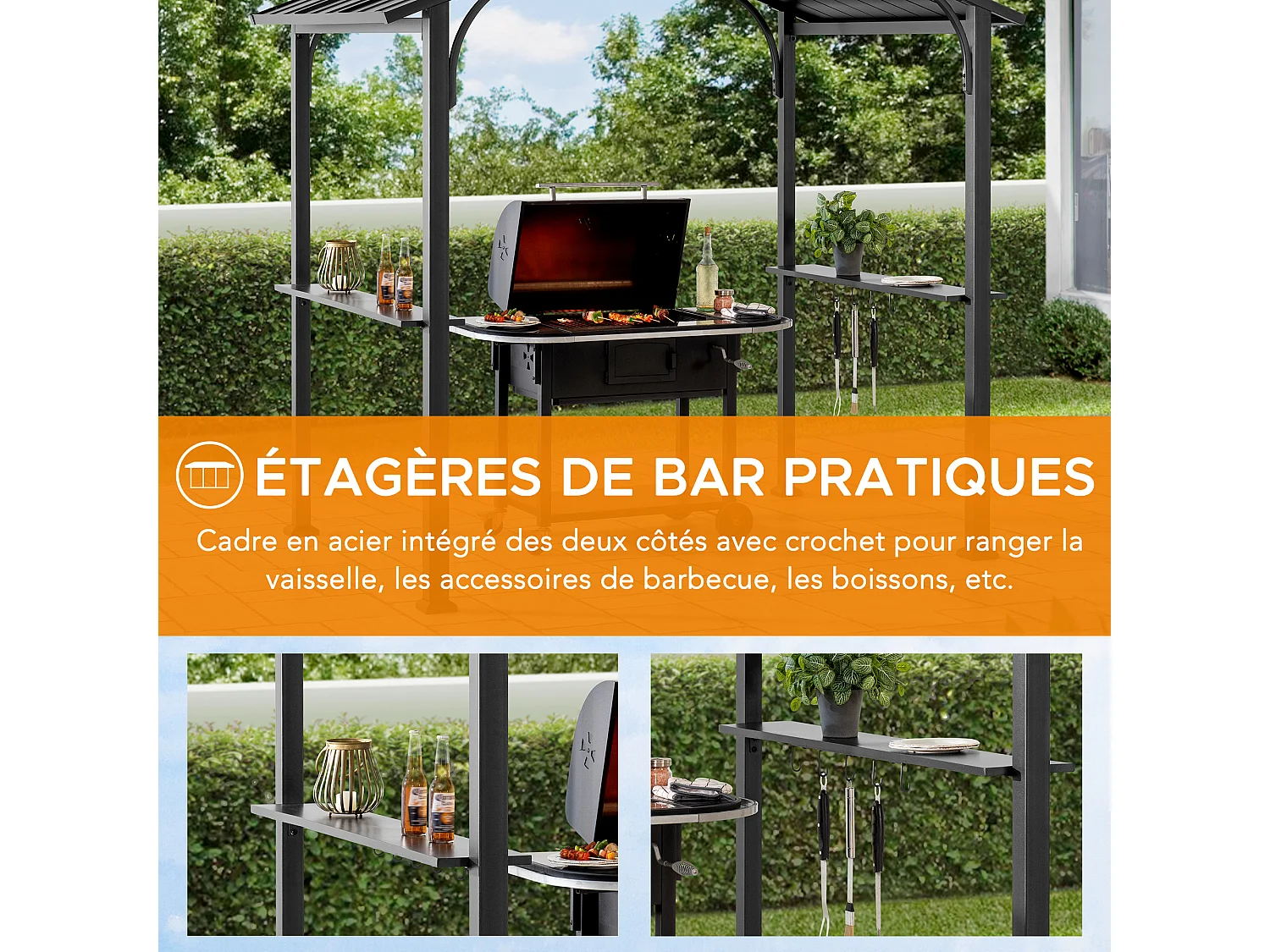 Gazebo grill à toit rigide avec crochets et étagères de bar ECRINS 242 cm x 153 cm