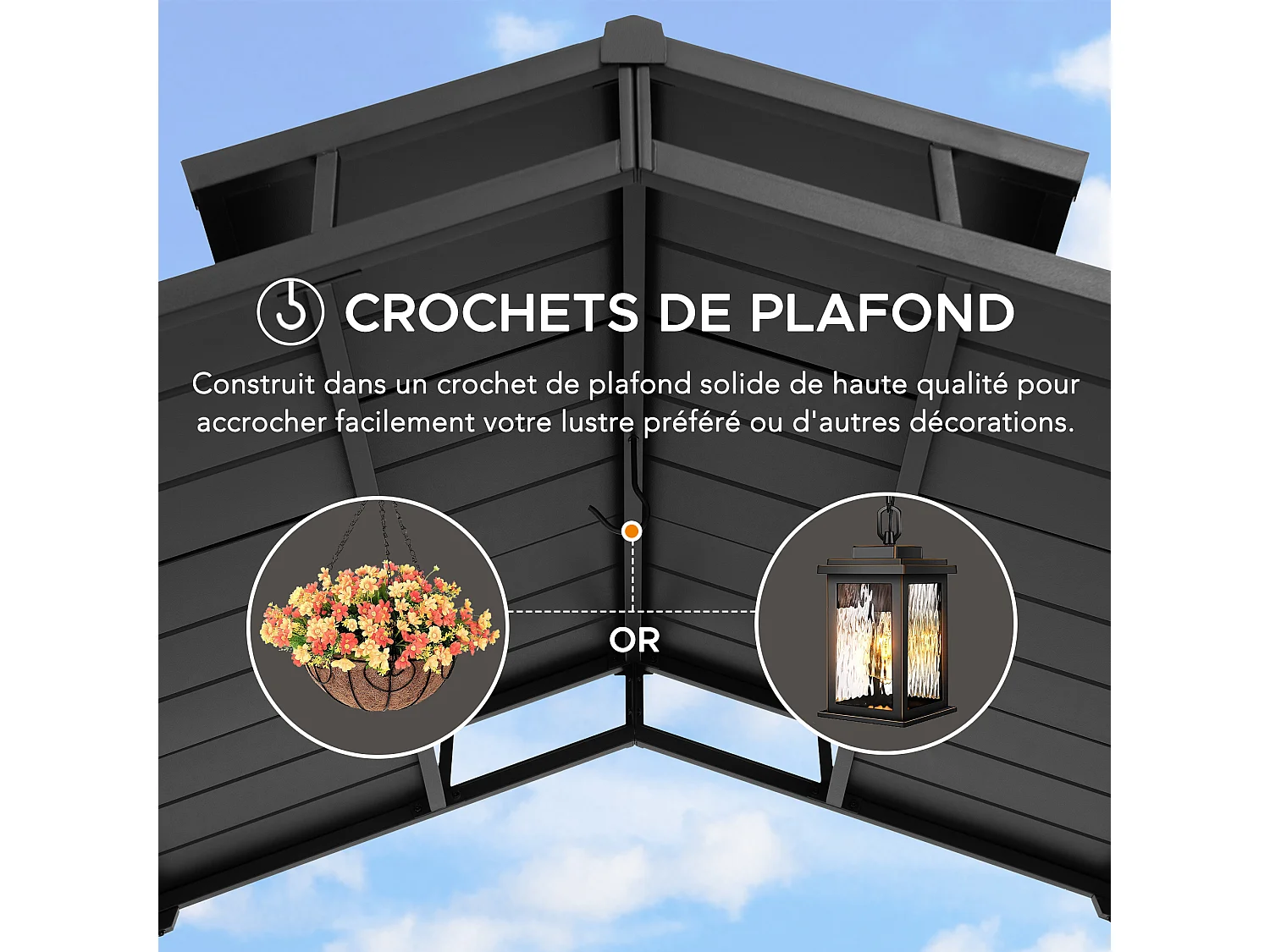 Gazebo grill à toit rigide avec crochets et étagères de bar ECRINS 242 cm x 153 cm