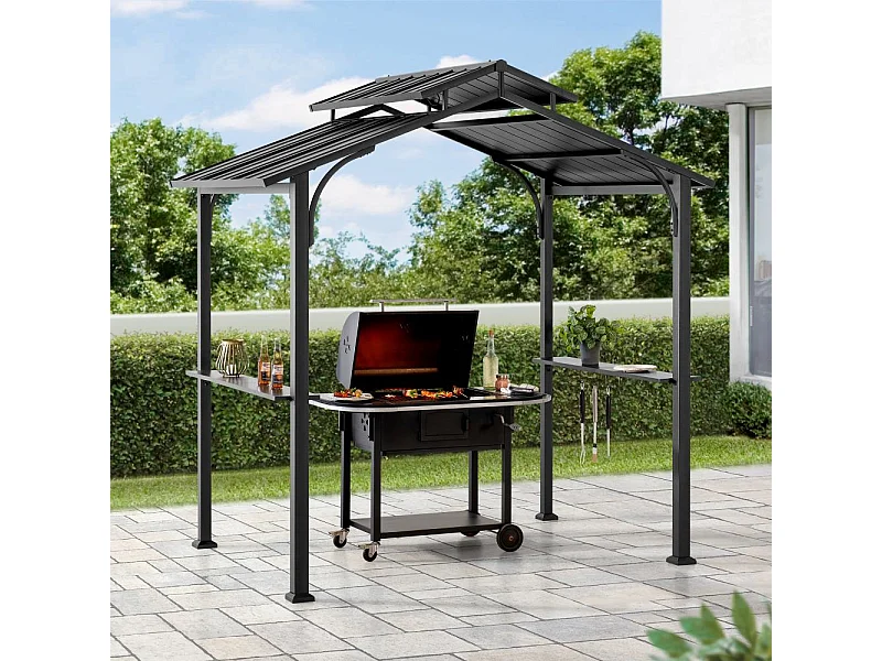 Gazebo grill à toit rigide avec crochets et étagères de bar ECRINS 242 cm x 153 cm