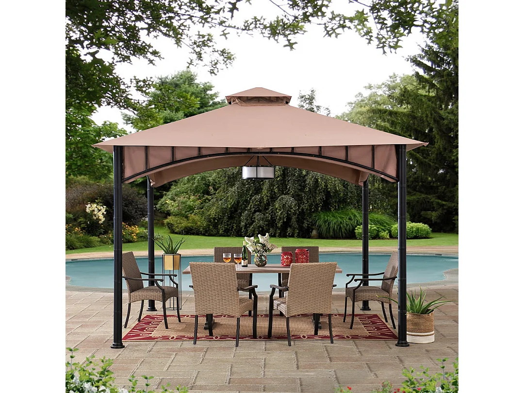 Tonnelle de jardin en acier ANETO 340cm x 340cm, toit à deux niveaux, couleur marron